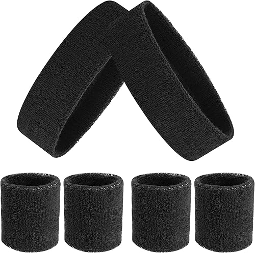 ASTER Juego de 6 muñequeras para la cabeza, incluye 2 diademas deportivas y 4 pulseras deportivas a rayas coloridas para hombres y mujeres,