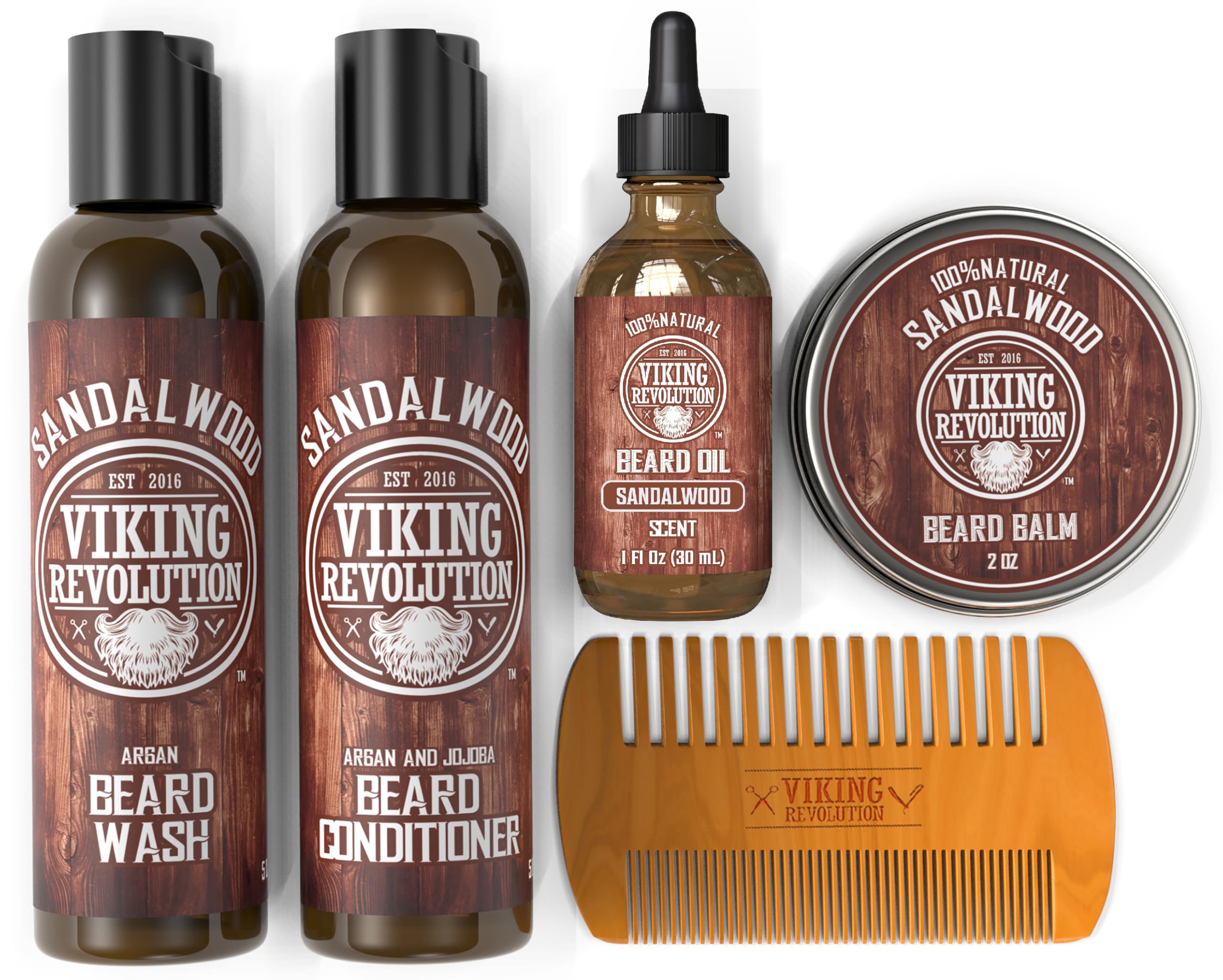 Viking Revolution - Kit Barba - Suaviza, Alisa y Calma la Picazón - Incluye Lavado, Acondicionador, Aceite, Bálsamo y Peine - Sandalo - Regalo Hombre