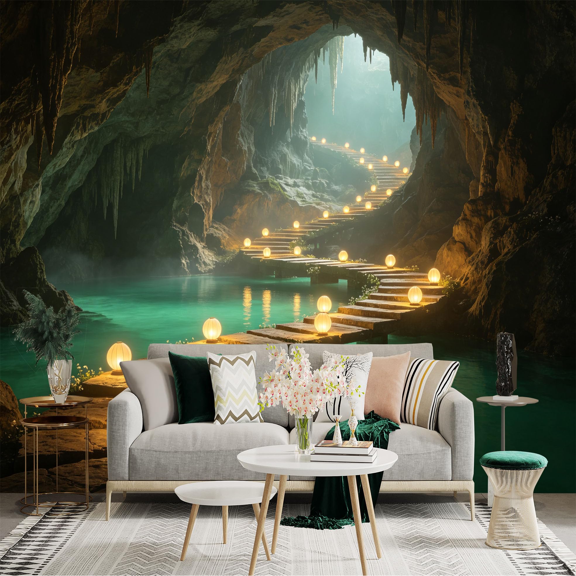 Custom Size Wall Sticker Mural， Enchanting Cave with Glowing Lanterns and Stone Path， Serene Underground River Landscape， for wall Decoration， peelandstick wall Decals.