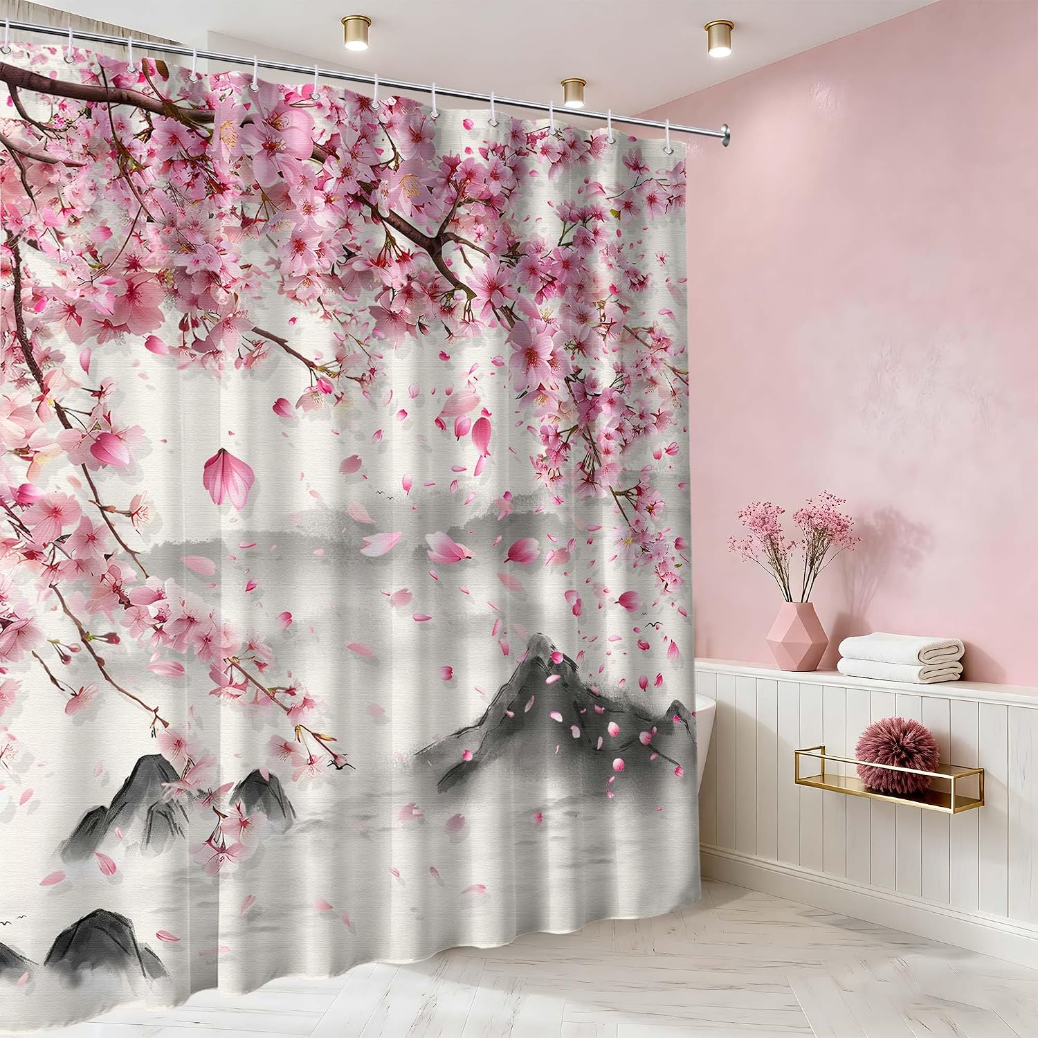 Cherry Blossom Shower Curtain, Pink and Grey, 70x72 Inch