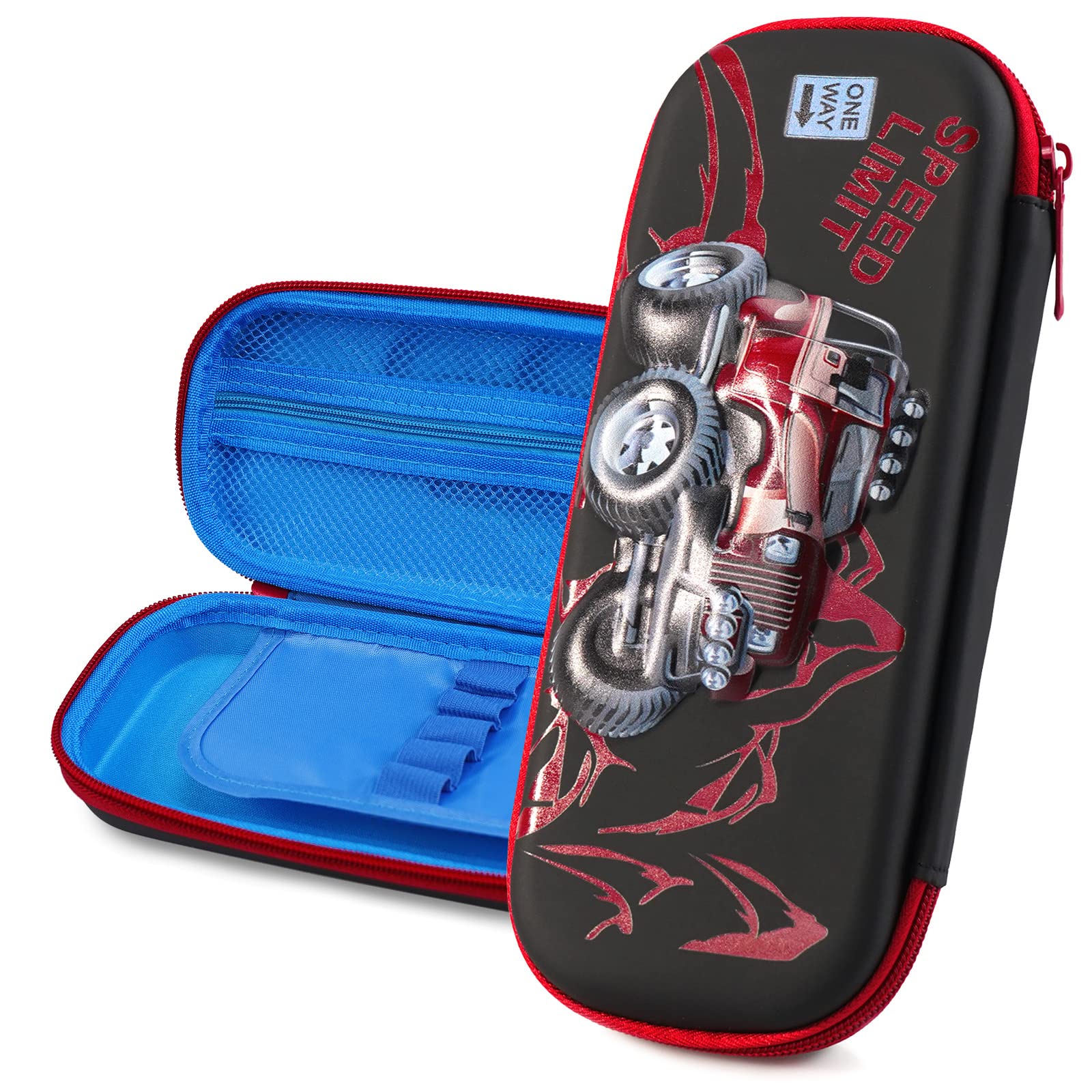 FEWOFJ 3D Car Pencil Case for Kids Boys Waterproof Pencil Box with Compartments Pen Pouch (Black), 9 x 4.2 inches