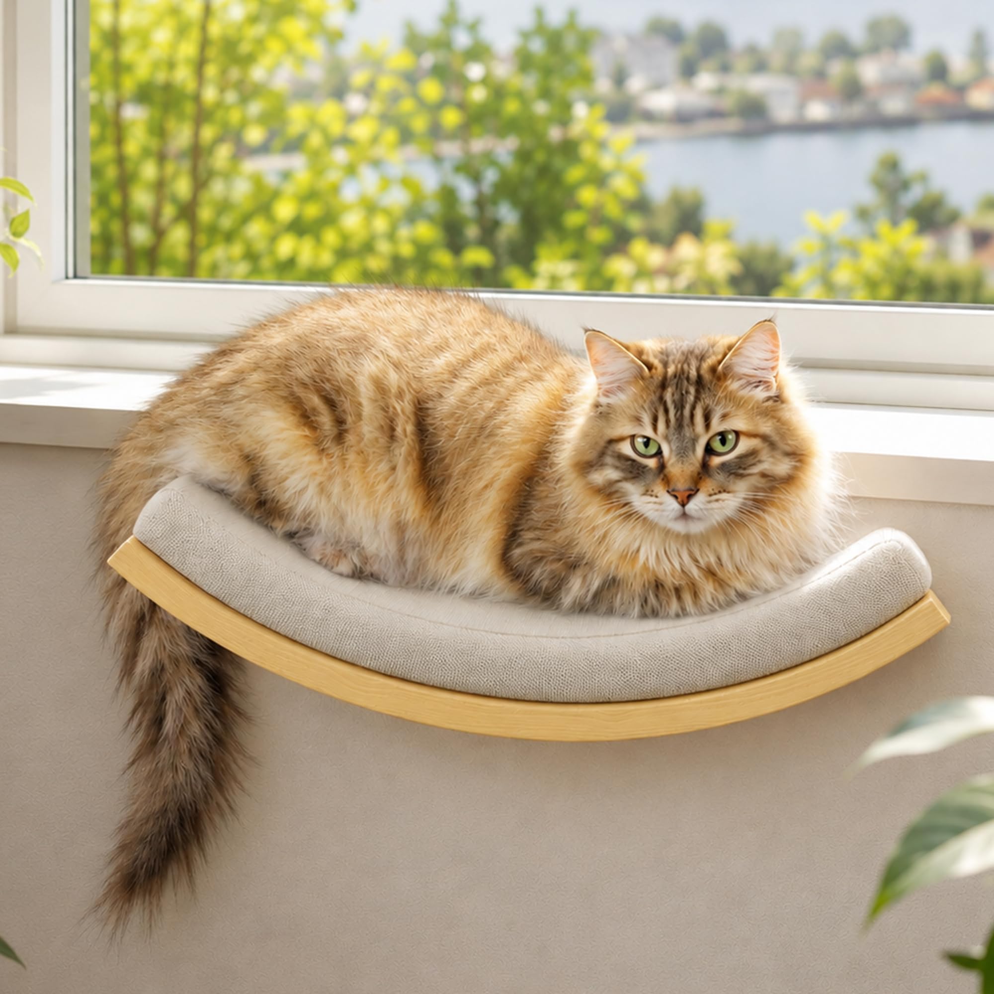 Mur d'escalade pour chat - Étagère murale incurvée avec tapis en mousse - Meuble mural en bois massif pour escalade/jeu/dormir