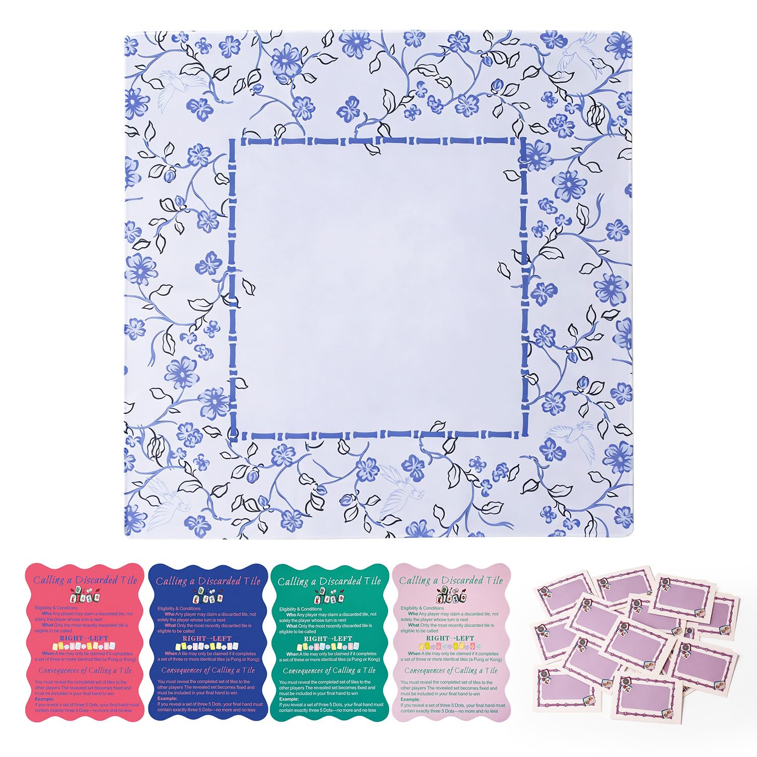 Tapis de Mahjong de 80 cm, antidérapant, réduction du bruit, accessoire de Mahjong, livré avec 4 dés et 1 sac de rangement pour tapis de Mahjong, 4 cartes Mahjong Shuffle (bleu)