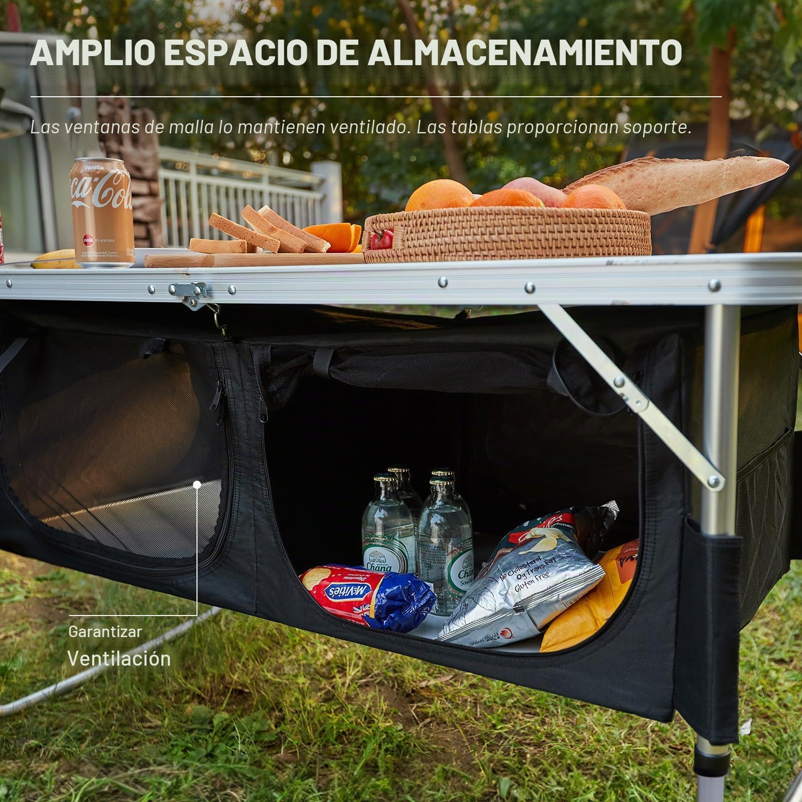 EVER ADVANCED Mesa Plegable de Camping con Almacenamiento y Escritorio en Aluminio, Patas Ajustables para Picnic al Aire Libre