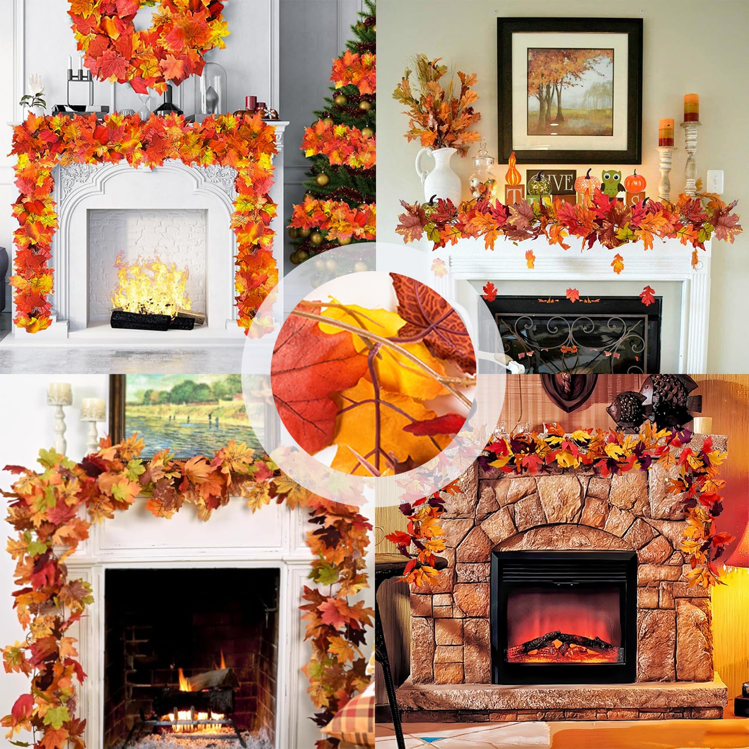 Décoration Cheminée Noël Guirlande Feuilles D'érable Automne - Décoration Thanksgiving Halloween Noël - 175 Cm - 2 Crochets Lierre Artificiel