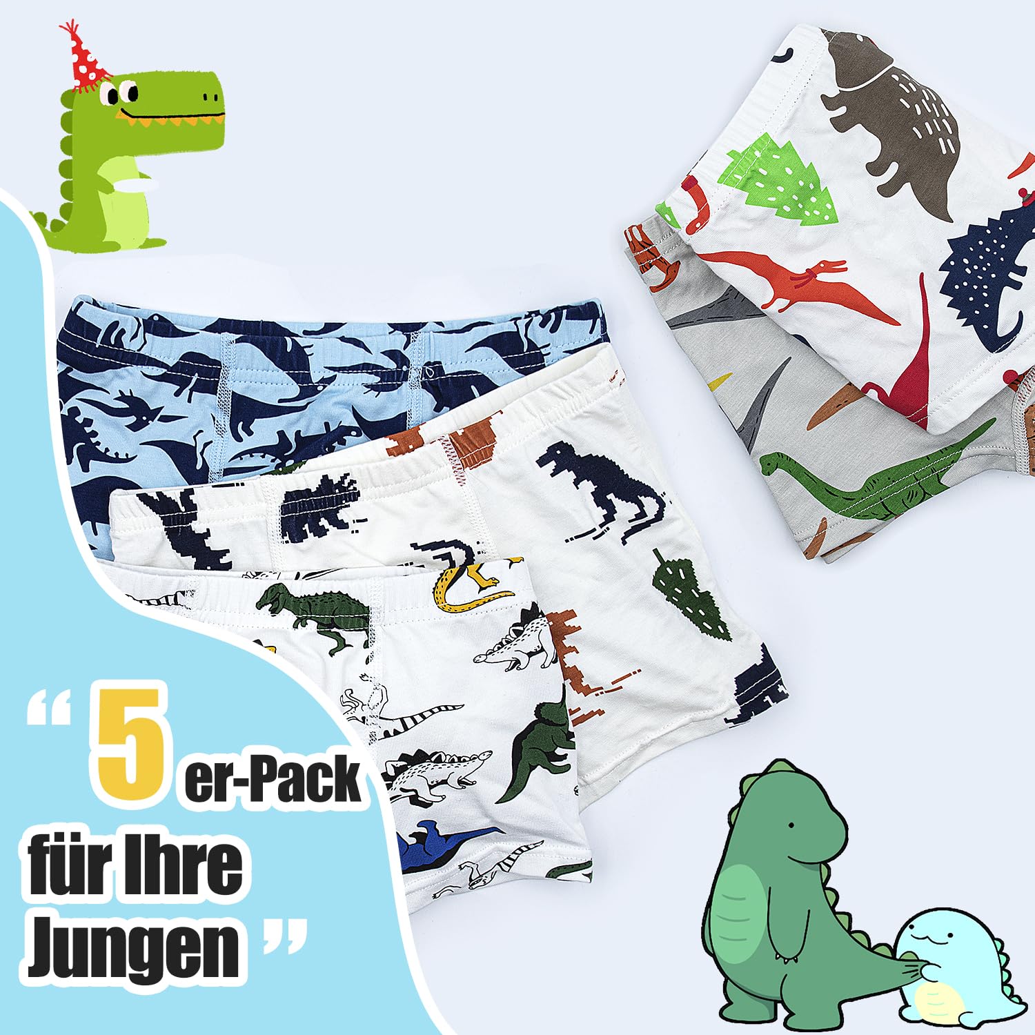 Boxershorts Jungen Kinder 5er Pack, Unterhose für Kleinkinder 2-8 Jahre Weiche Unterwäsche Dinosaurier Tier Muster Schlüpfer