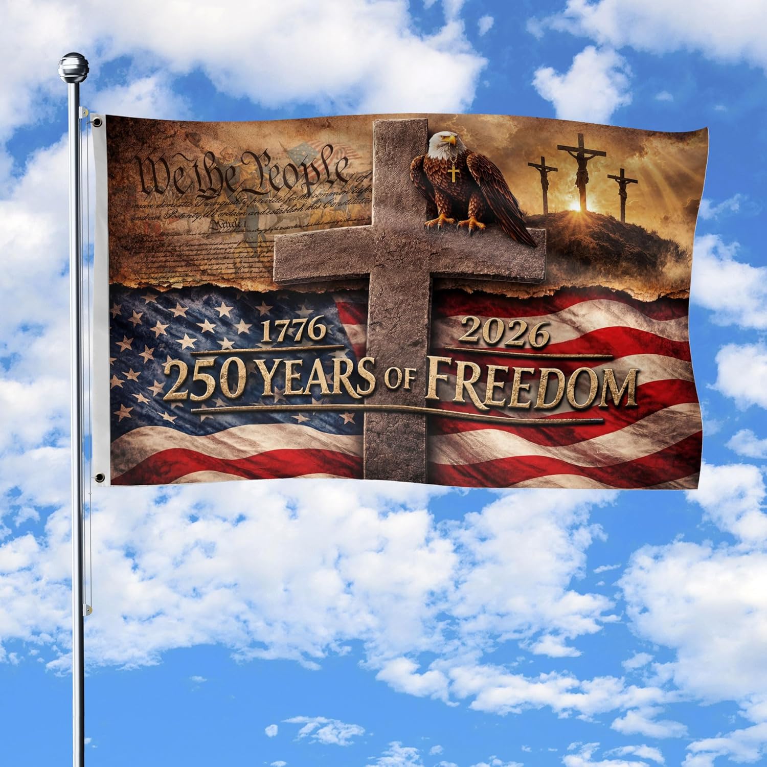 250 Years Christian Flag With Brass Grommets, Patriotic Cross Design Decor House, Christian Patriot American Flags, 250 Years Of Freedom Flag 3x5 Ft, Double-sided Printing, 1776-2026 Commemorative Banner 5