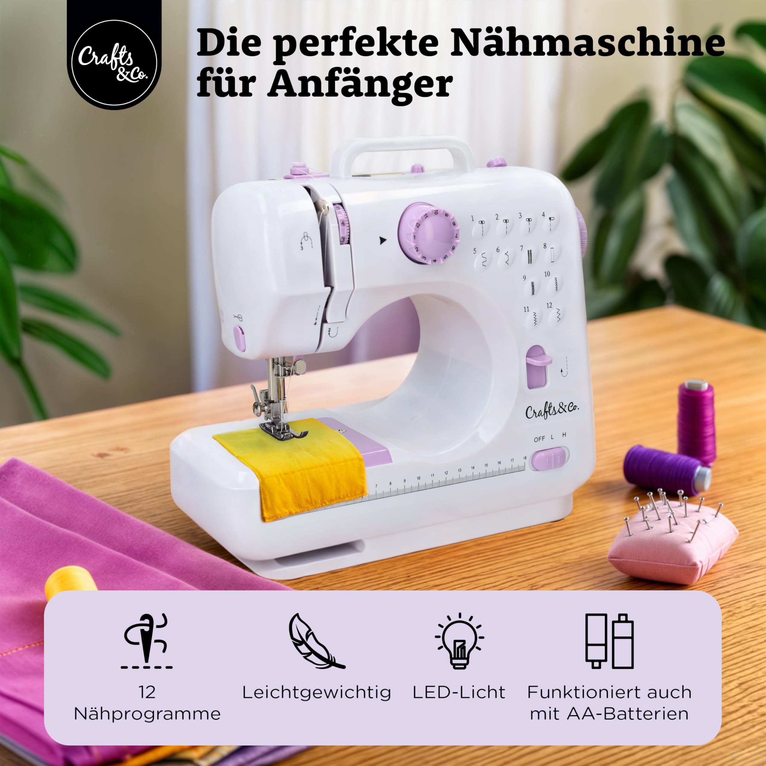 Crafts&Co® Nähmaschine für Anfänger | 28.4x12.3x26cm | Weiß-Lila | Handnähmaschine mit Eingebautem LED-Licht und Fußpedal, 12 Stiche, Mini Nähmaschine, Singer, Pfaff
