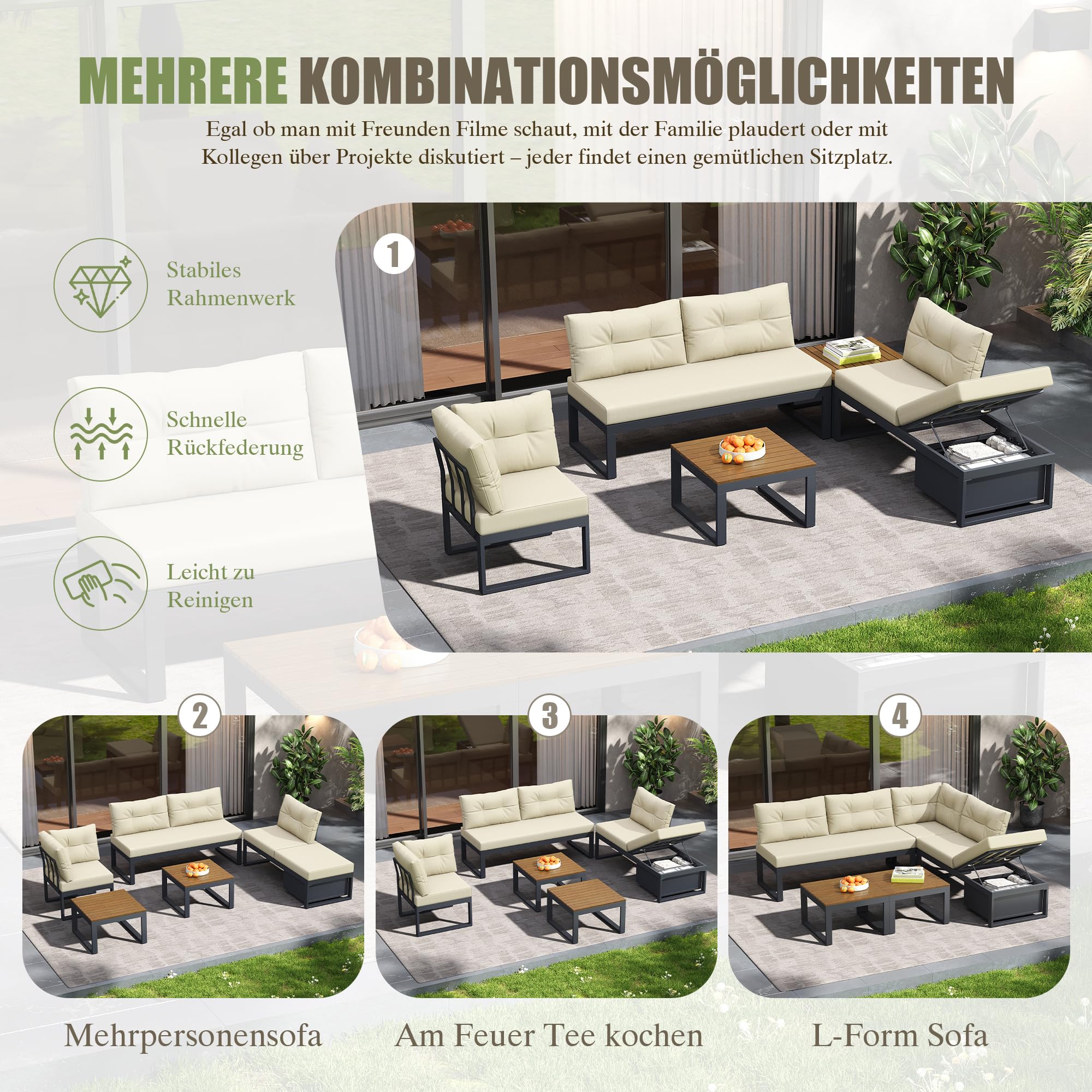 Ensemble de Meubles de Jardin Modulable avec Dossier Réglable 3 Positions, Fonction Relax, Rangement Intégré, Housse Polyester Résistant aux Intempéries - pour Terrasse, Balcon et Jardin