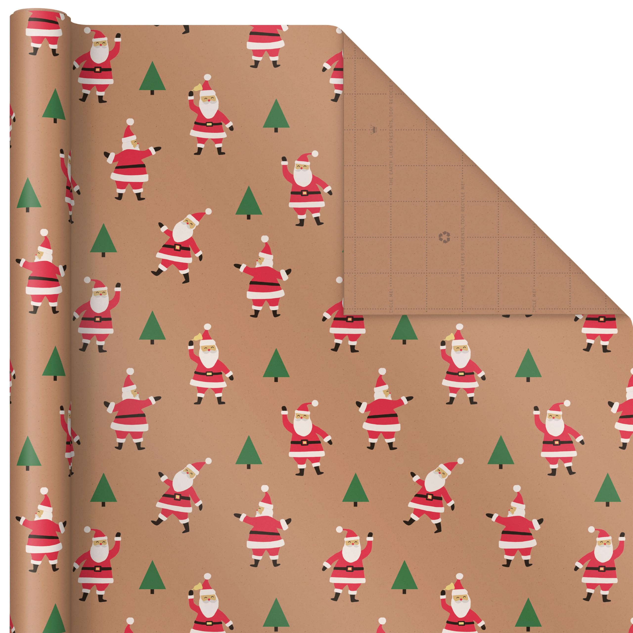 Hallmark Lot de 3 rouleaux de papier cadeau de Noël recyclable avec lignes de coupe au verso (90 m²) Marron avec Père Noël, arbres verts, rayures rouges