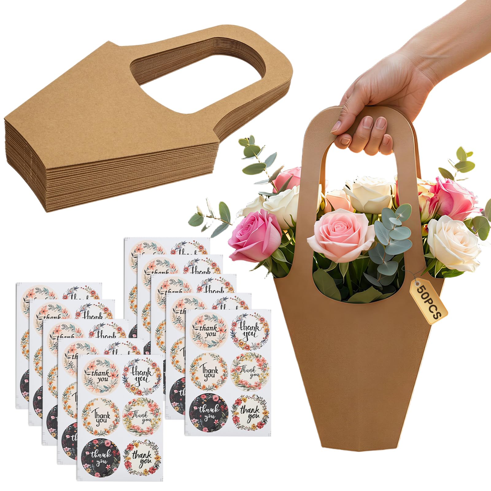 50 Pack Brown Paper Flower Gift Bags, Recycled Paper Bouquet Bags with Handle, Open Bottom Tapered Floral Sleeves with Stickers, Carrier Tote Bag for Florist Wedding Birthday Party Favors