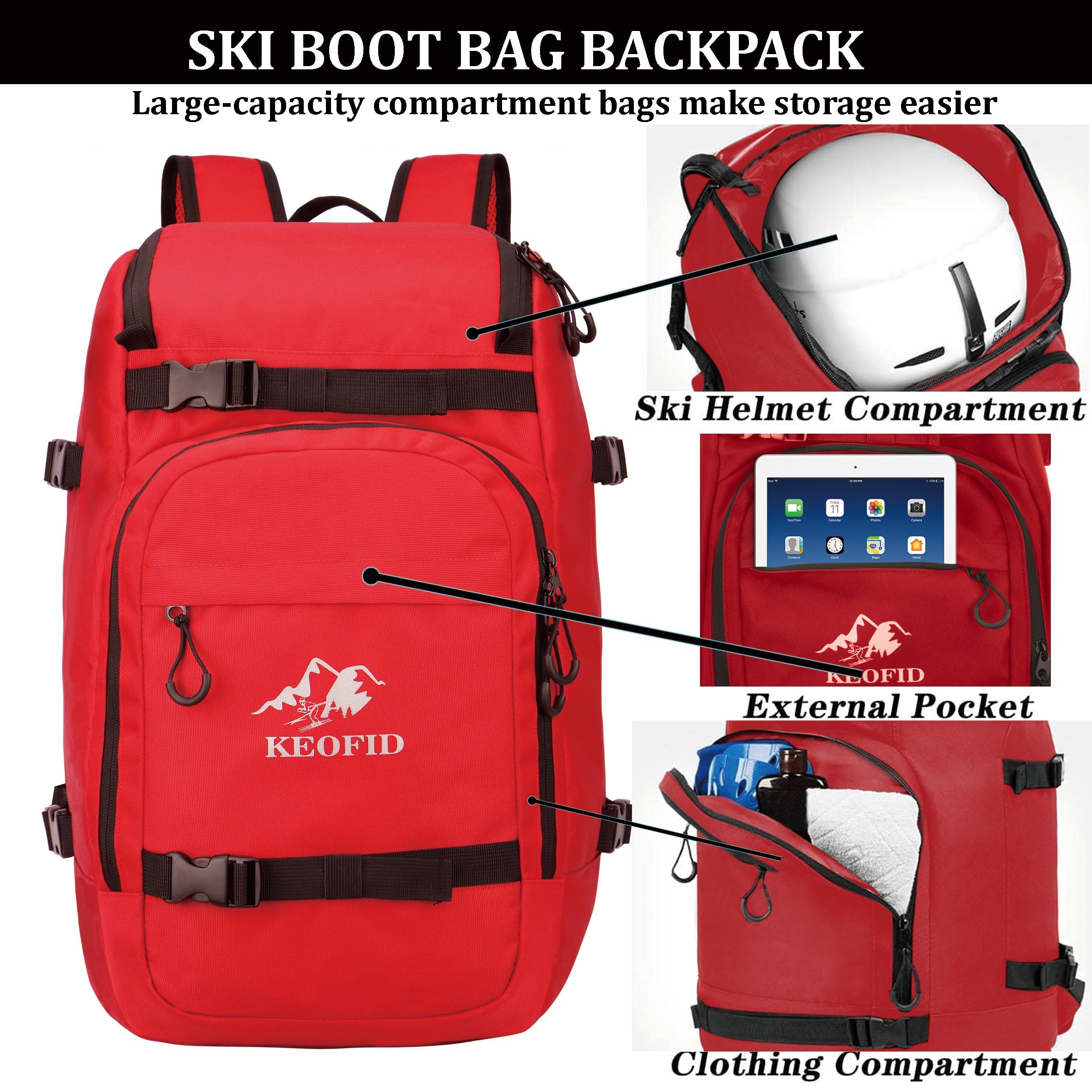 KEOFID Ski Boot Bag for Men and Women, 50L Ski Travel Backpack and Snowboard Bag