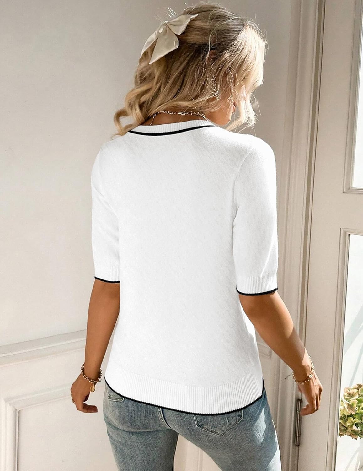 Zeagoo Women Short Sleeve Sweater Summer Crew Neck Dressy Casual Soft Knit Pullover Tops Trendy - Image 4