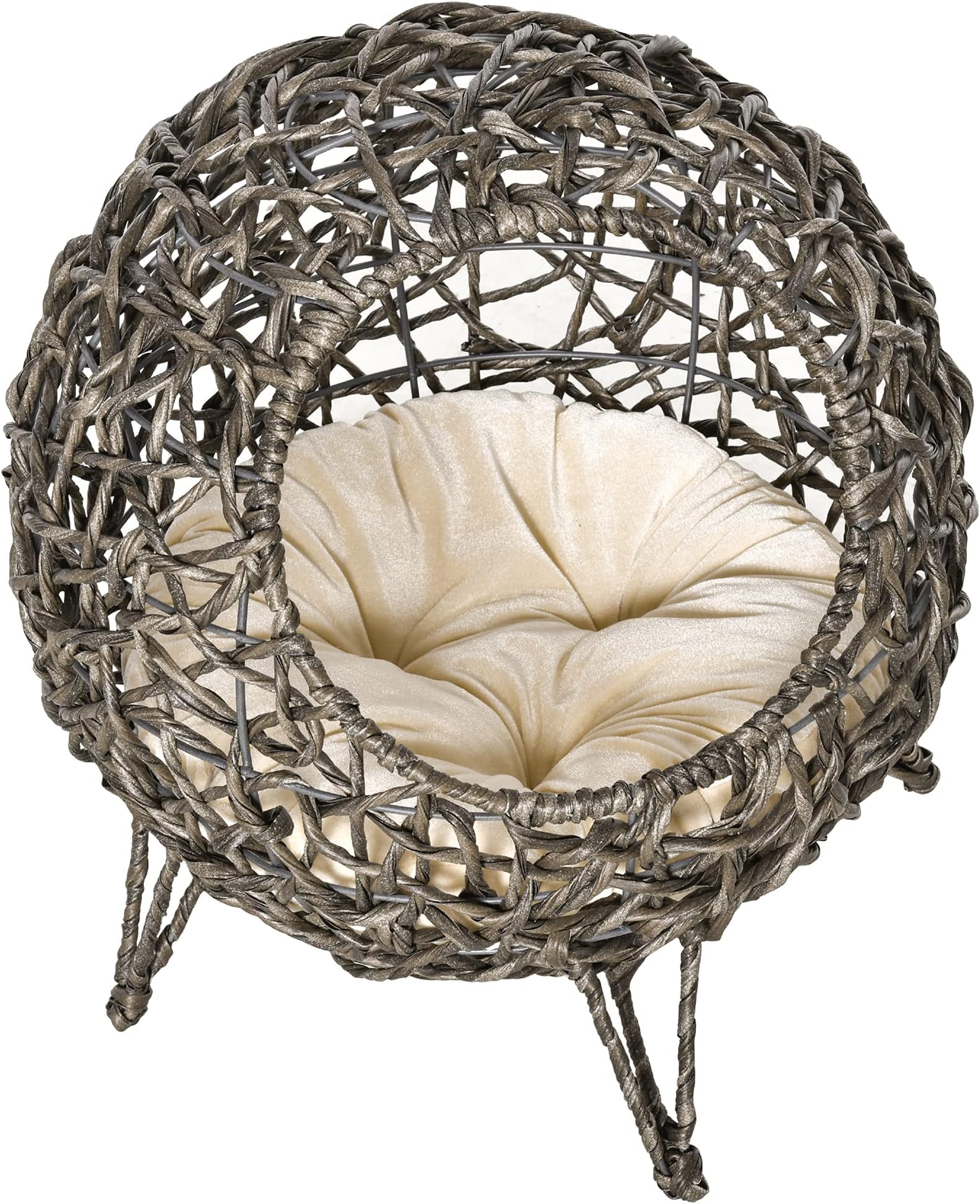 PawHut 20.5" Rattan Cat Bed, Kitten House, Elevated Round Condo for Comfort and Circulation with Cushion, Round Design