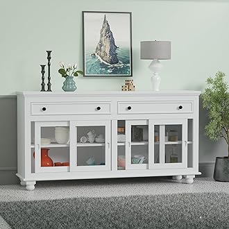 Solid Wood Sideboard Cabinet for Living Room | Wooden Crockery Cabinet with 4 Sliding Acrylic Glass Doors & 2 Drawers | Kitchen Display Unit | White Finish