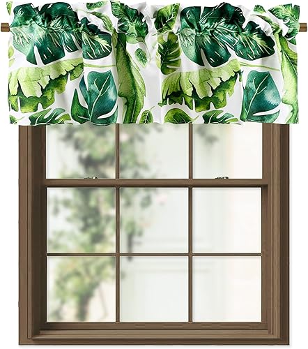Cenefas de cocina con hojas de Monstera verdes para ventanas, con bolsillo para cortinero de plantas tropicales, 52 x 18 pulgadas, cenefas de