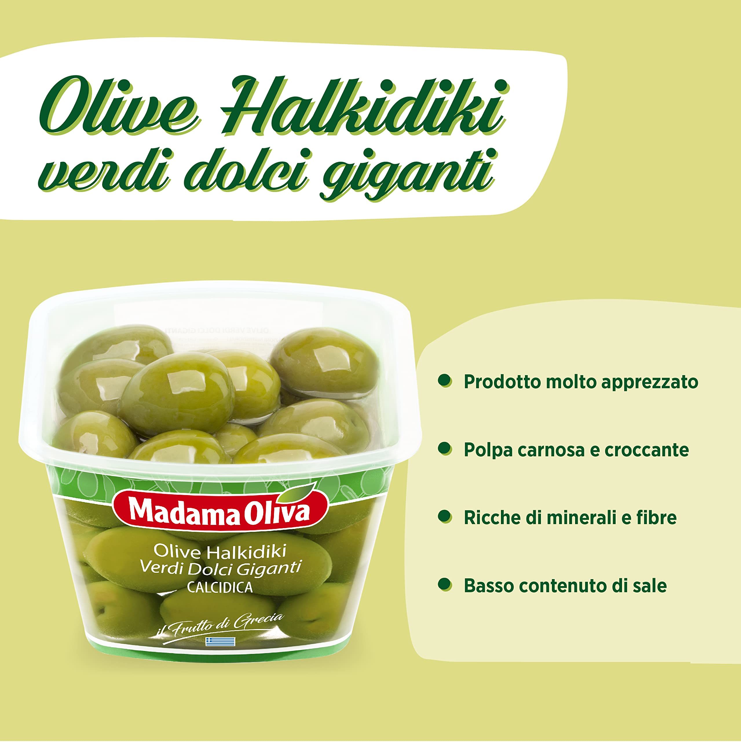 MADAMA OLIVA, Olive Halkidiki, Olive Verdi Dolci Giganti, Polpa Ricca, Soda e Succosa, Ideale per Aperitivi, Senza Conservanti Aggiunti, 6 x 250 gr