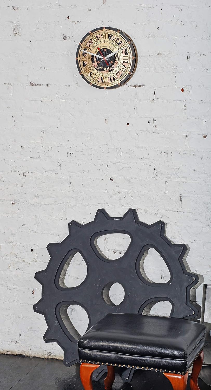 Automaton 1722 Moving Gears Wall Clock, Black and Gold Steampunk Handmade Wooden Wall Decor, Silent Battery Powered Clock with Acrylic Mirror, Personalized Engraving