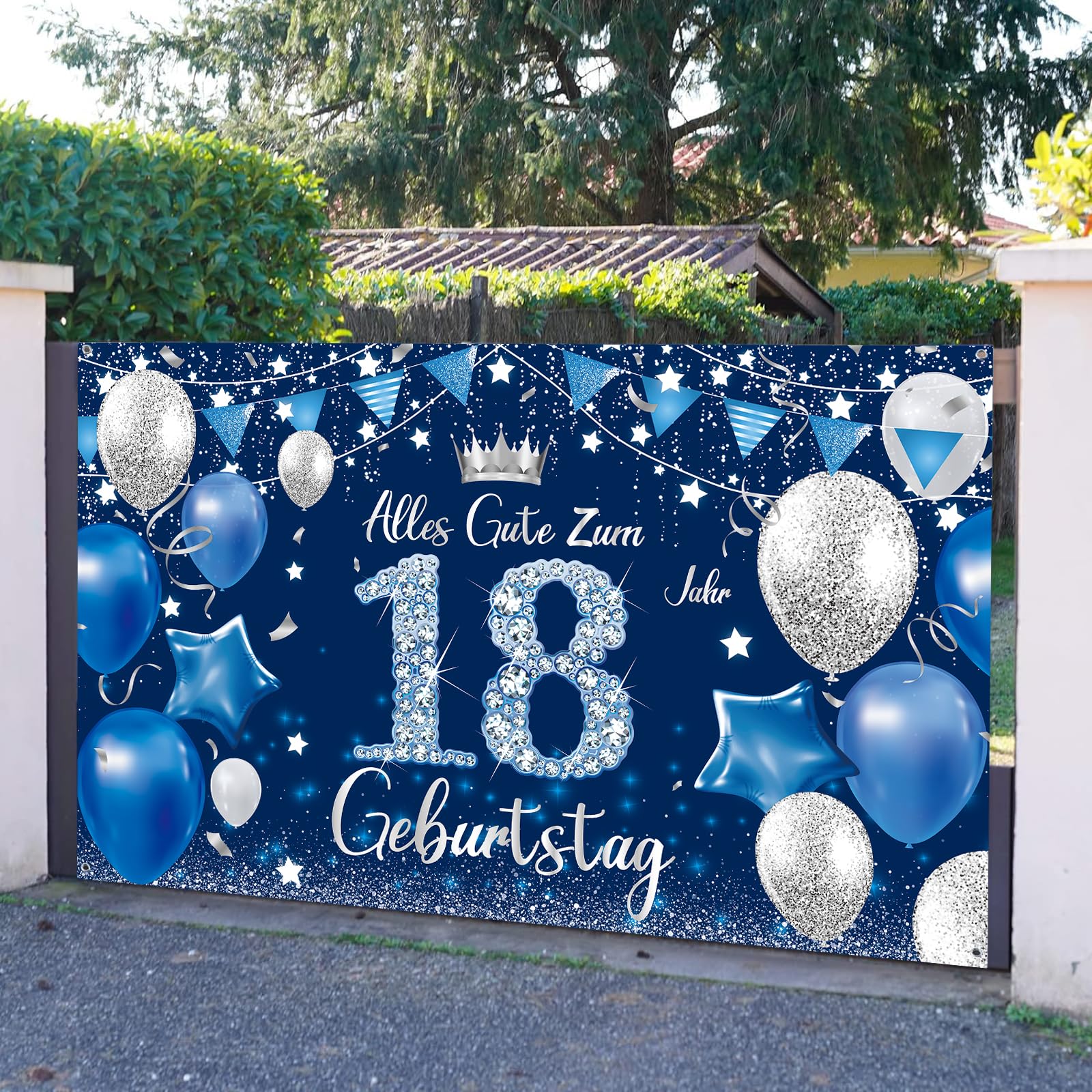 Happy Birthday Banner Mit Blauem Hintergrund - 180x110 Cm, Mit Seil, Für Fotohintergrund & Partydeko