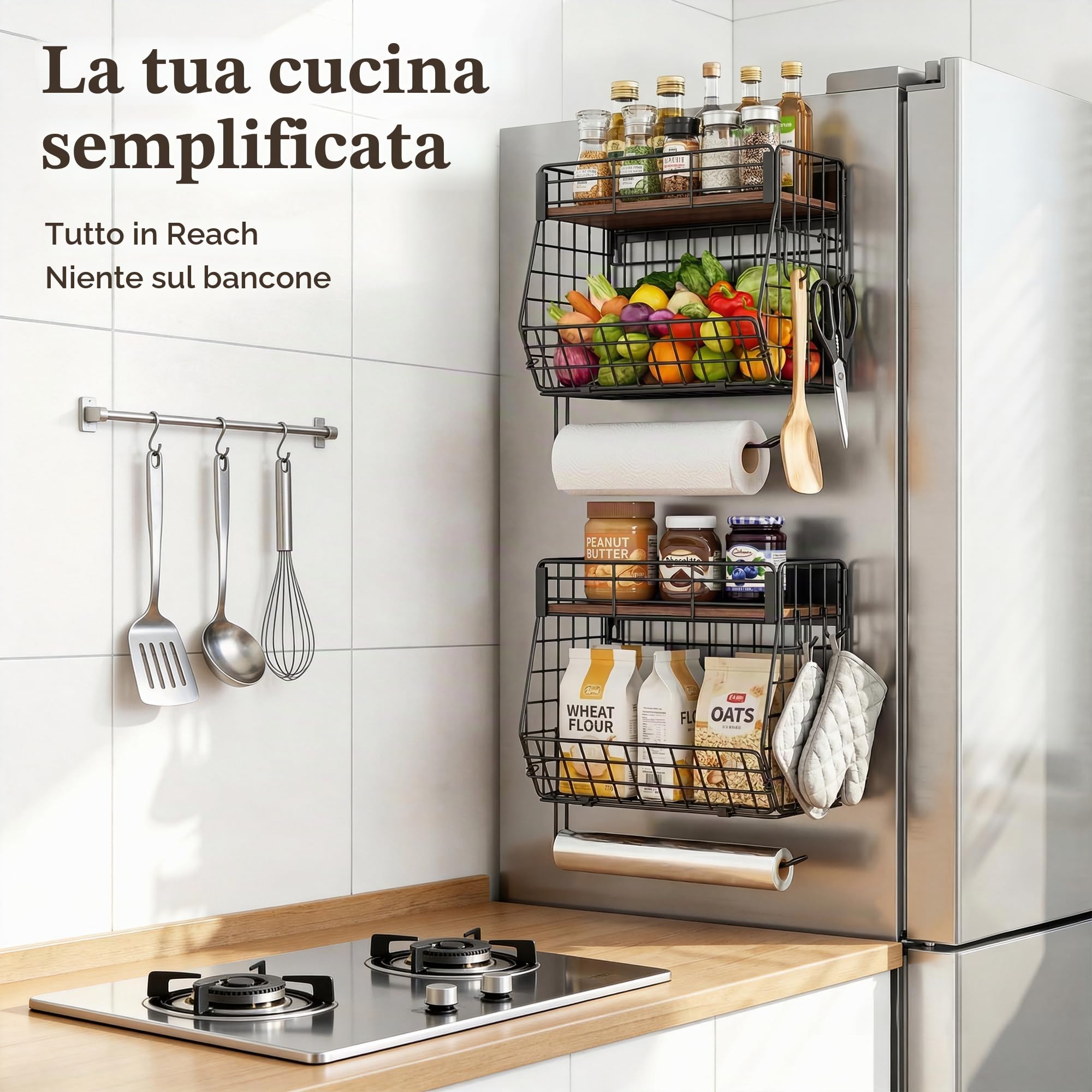 Mensola magnetica per frigorifero con porta carta, bidoni per frutta, patate e cipolle, organizer per dispensa e stoccaggio, grande contenitore magnetico portaspezie per frigorifero, bancone