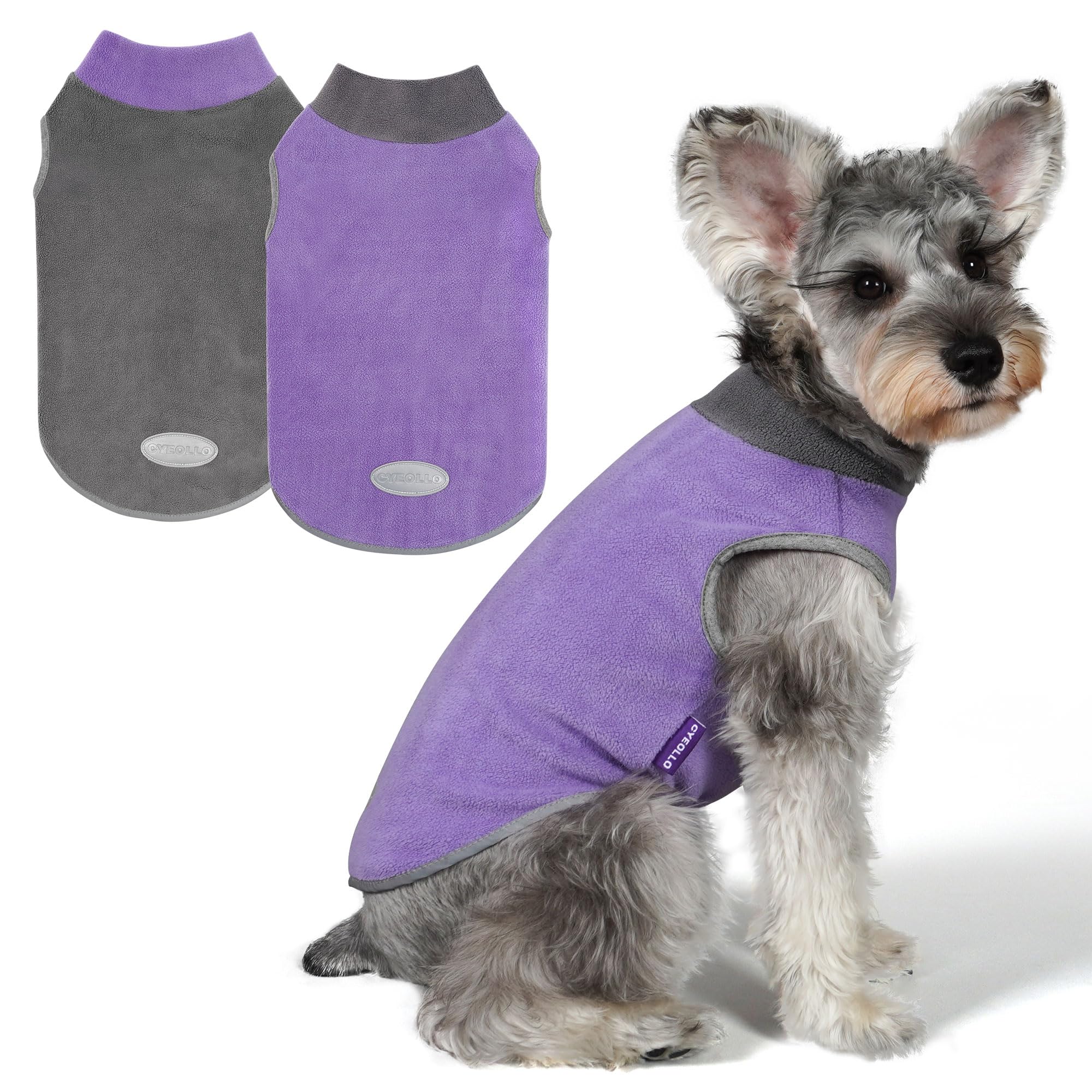 cyeollo 2 Pack Fleece Dog Sweater Pullover Sweatshirt Reflective Lightweight Dog Clothes for Small Dogs Girl Pet Apparel Purple, Grey, L