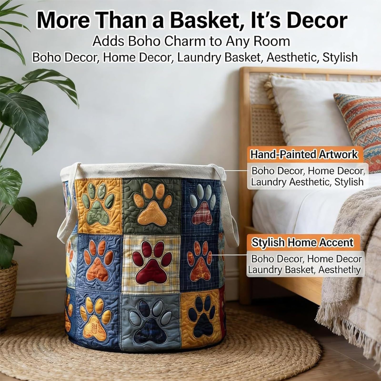 Cesto portabiancheria trapuntato con manici, grande contenitore in tessuto stile boho, cesto morbido e pieghevole, soluzione versatile per cameretta, camera da letto(A3,W50 x H71cm)