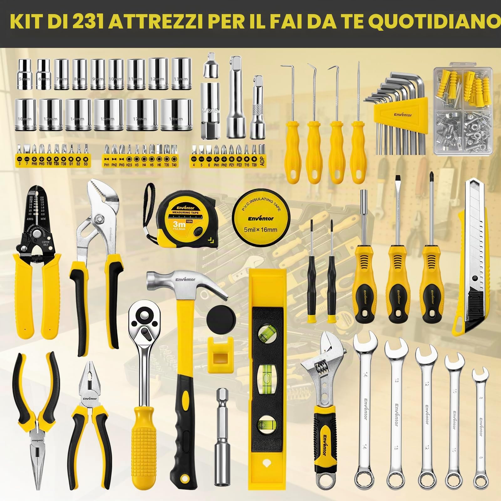 Enventor Cassetta Attrezzi Completa 231 Pezzi | Con Set Cacciavite Chiavi a Chiavi a Bussola, Valigetta Attrezzi Completa Riparazioni e Progetti Domestici Generali