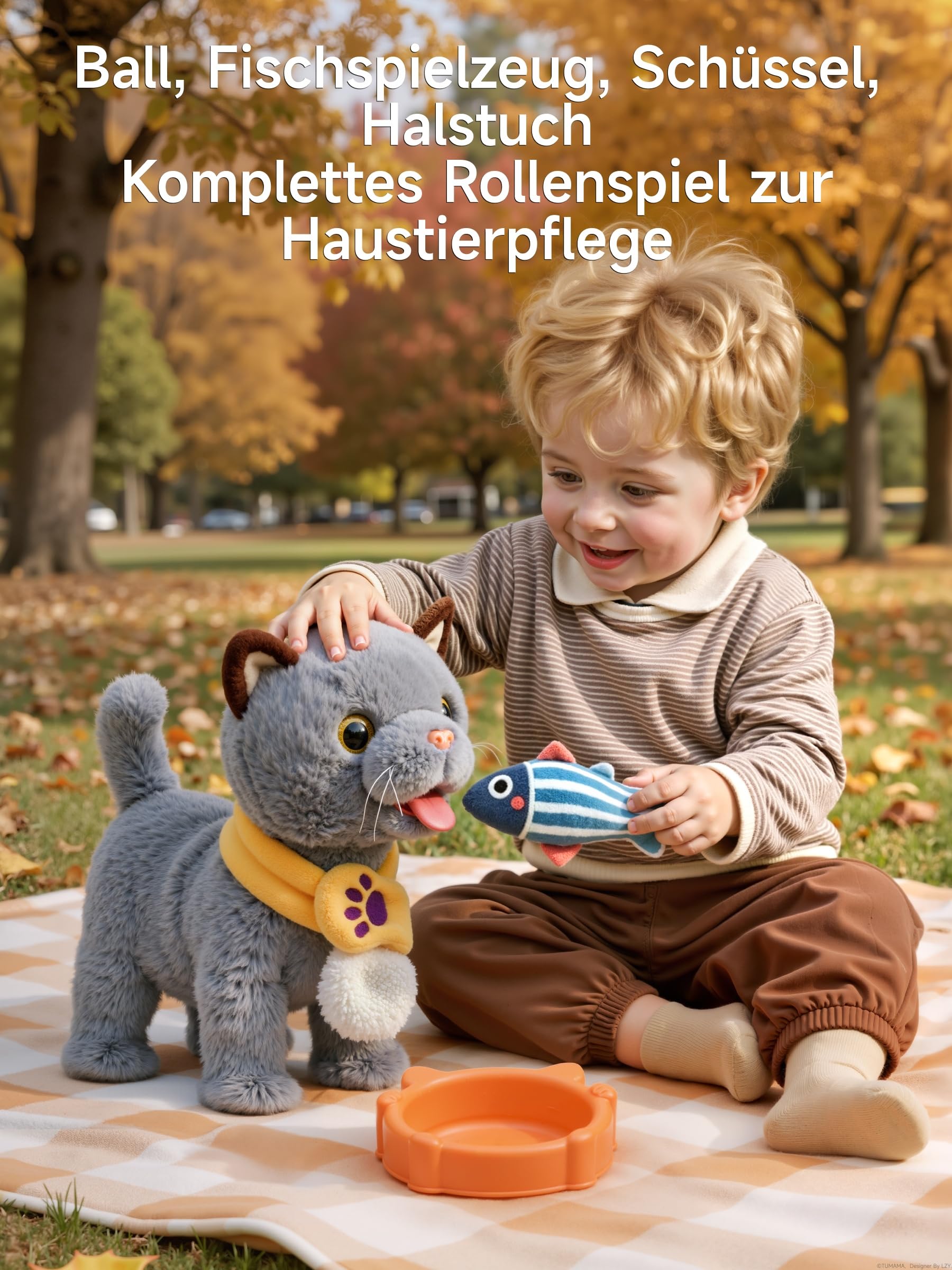 TUMAMA KIDS Interaktives Katze Spielzeug für Kinder Mit 6 Musik, Kuscheltier Kittens Mit Fernbedienung Leine Der Läuft Und Bellt, Plüschtier Elektronisches Kätzchen ab 2 - Gehen, Miaut, Schwanz Wedeln