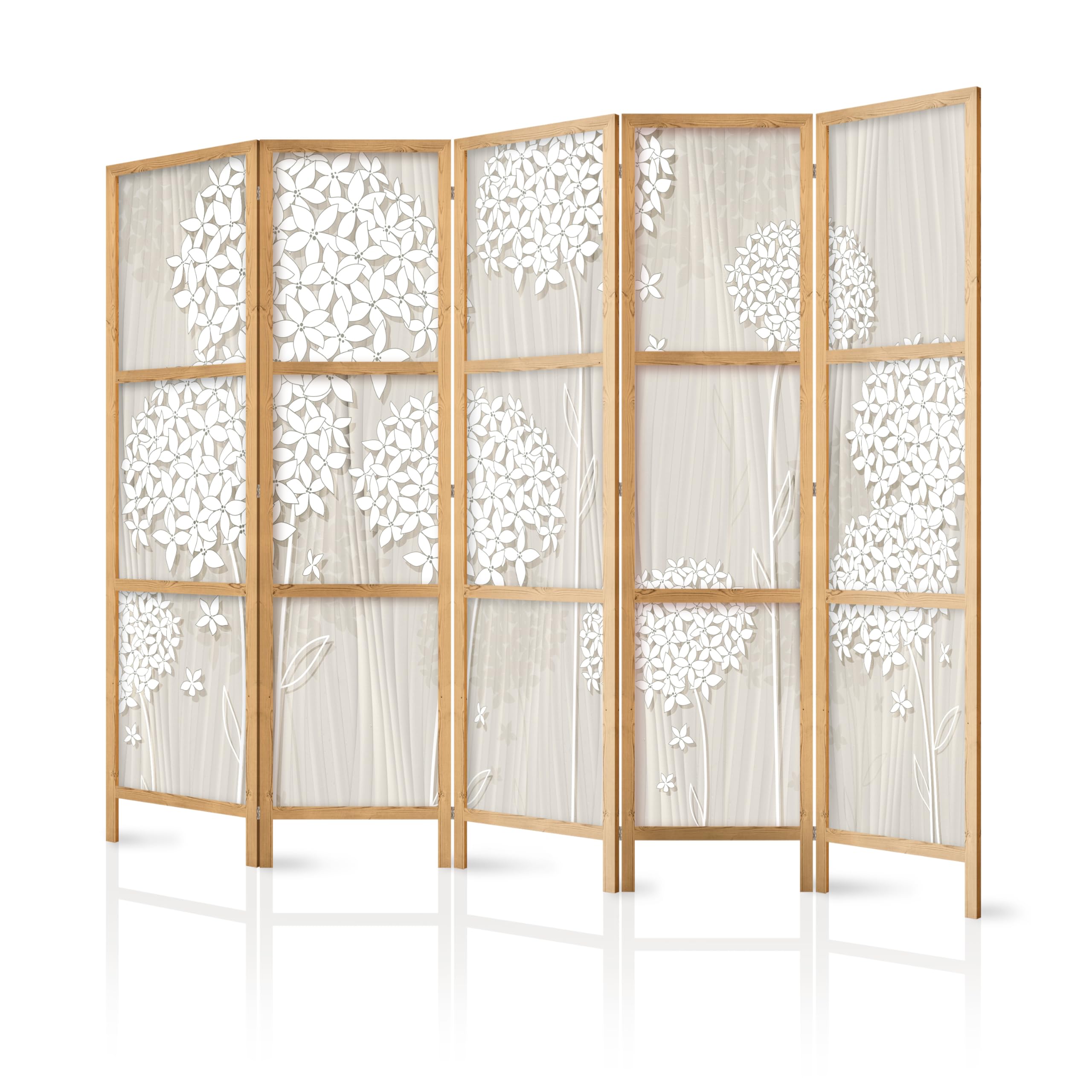 murando - Paravent Intérieur Japonais 225x172 cm - Séparateur de Pièce en Bois Naturel - Paravent Oriental Portable et Pliable - Motif Floral Élégant avec Fleurs Délicates b-B-0278-bh-c