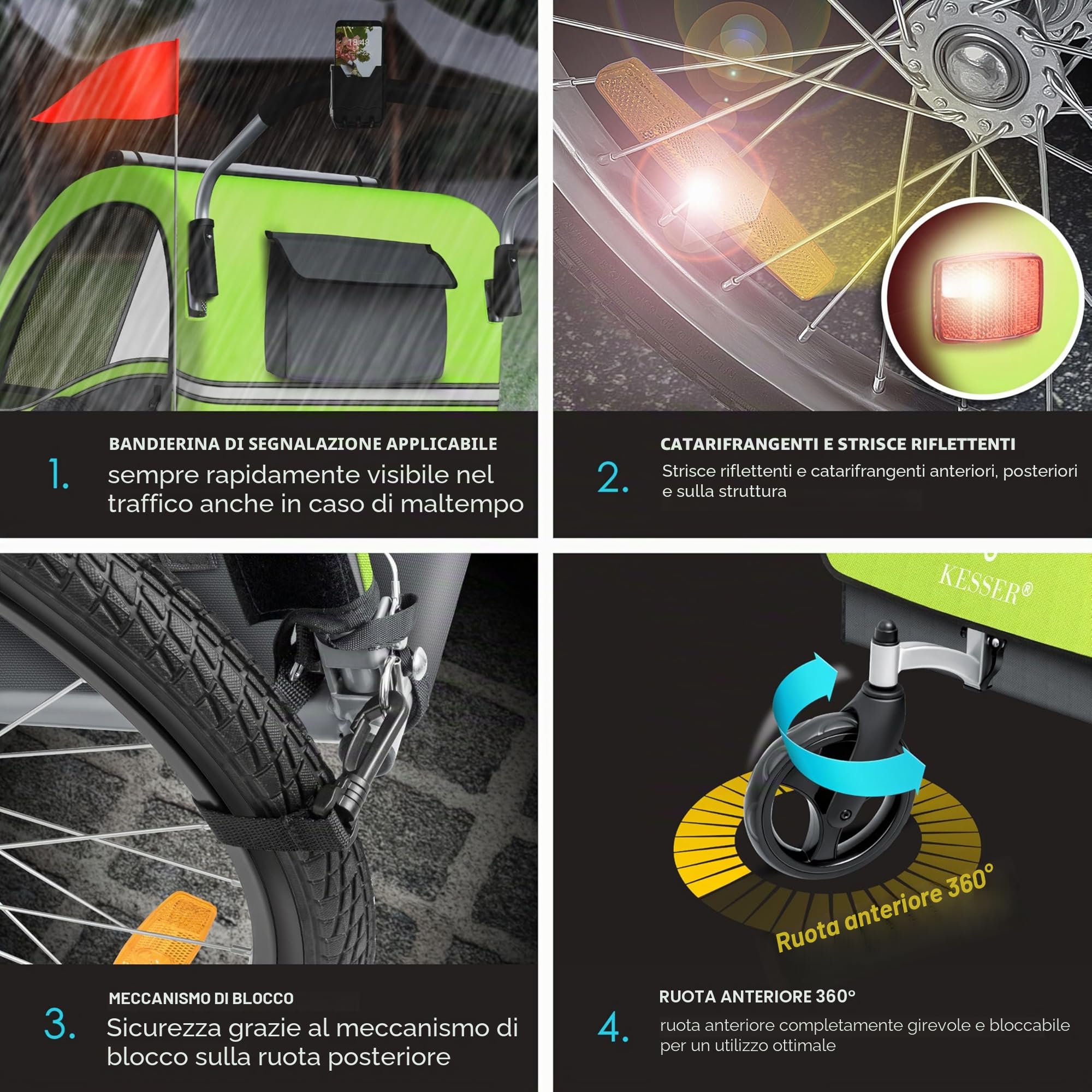 KESSER® Rimorchio per bambini da bicicletta Sport-RX 2 in 1 funzione jogging cintura di sicurezza a 5 punti ruota anteriore girevole 360°