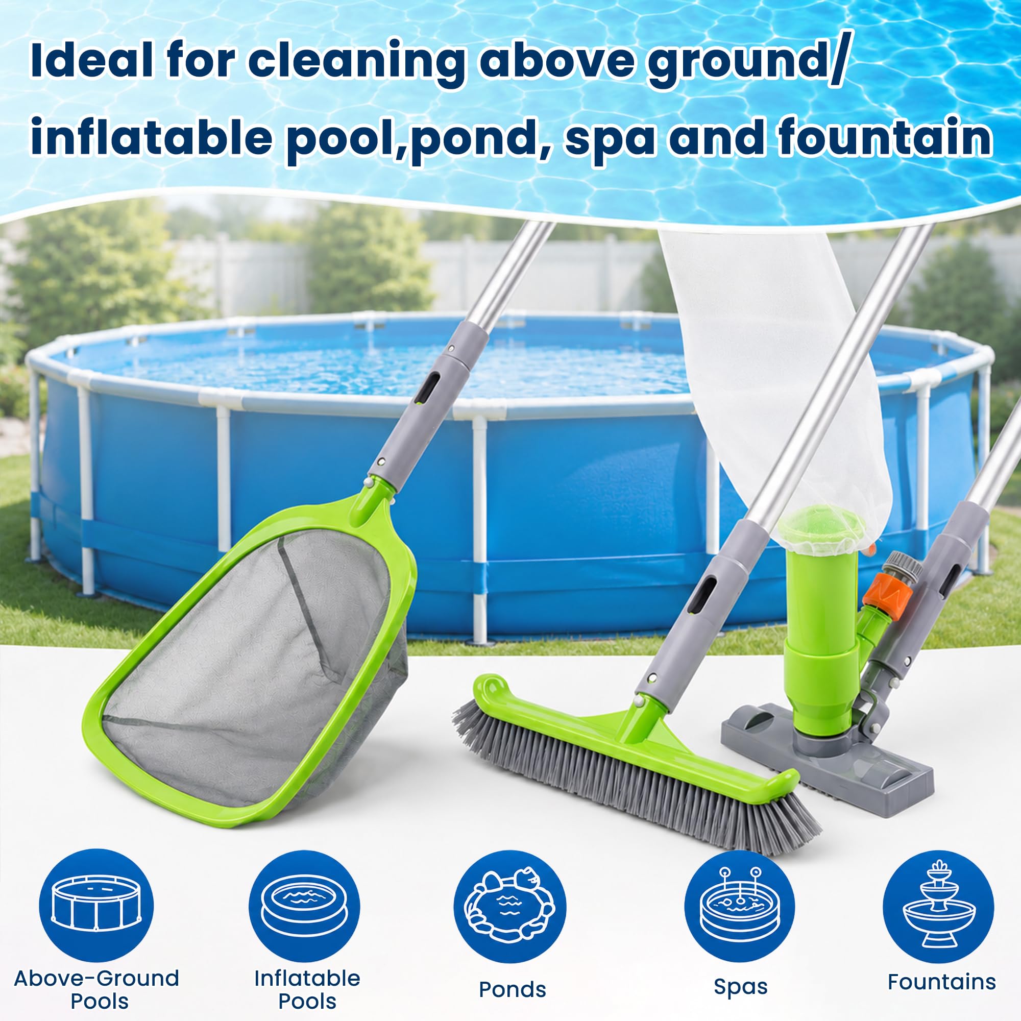 Sepetrel Deluxe-Schwimmbad-Reinigungsset mit Spa-Jet-Staubsauger, Bürste, halbtiefem Skimmernetz und verstellbarer 146,1 cm Stange, ideal für die Reinigung oberirdischer und aufblasbarer Pools