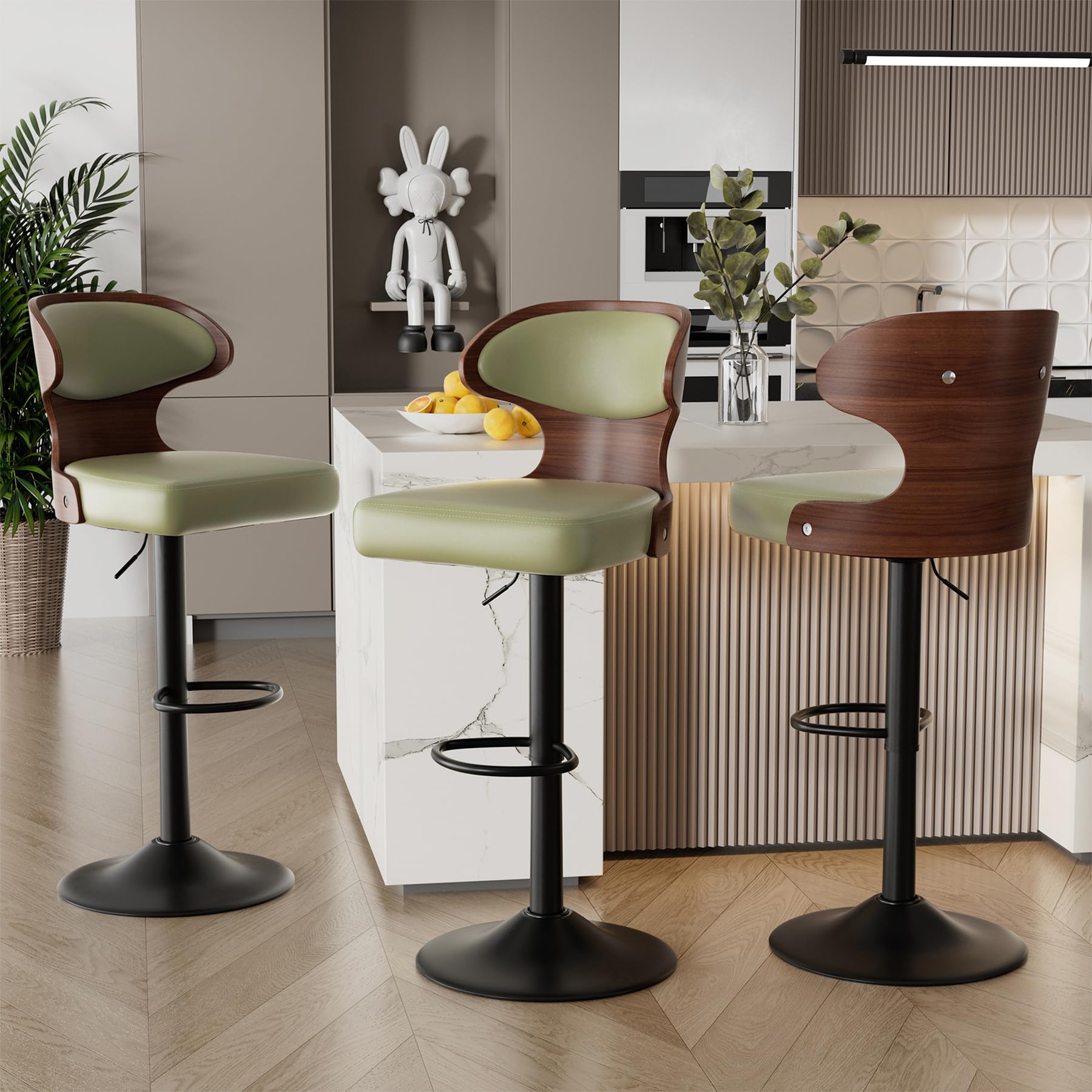 Daluvenix Bar Stools Set of 3 Adjustable Height Swivel Bar Stools Faux Leather Upholstered Bentwood Barstools with Back & Footrest Bar Chair for
