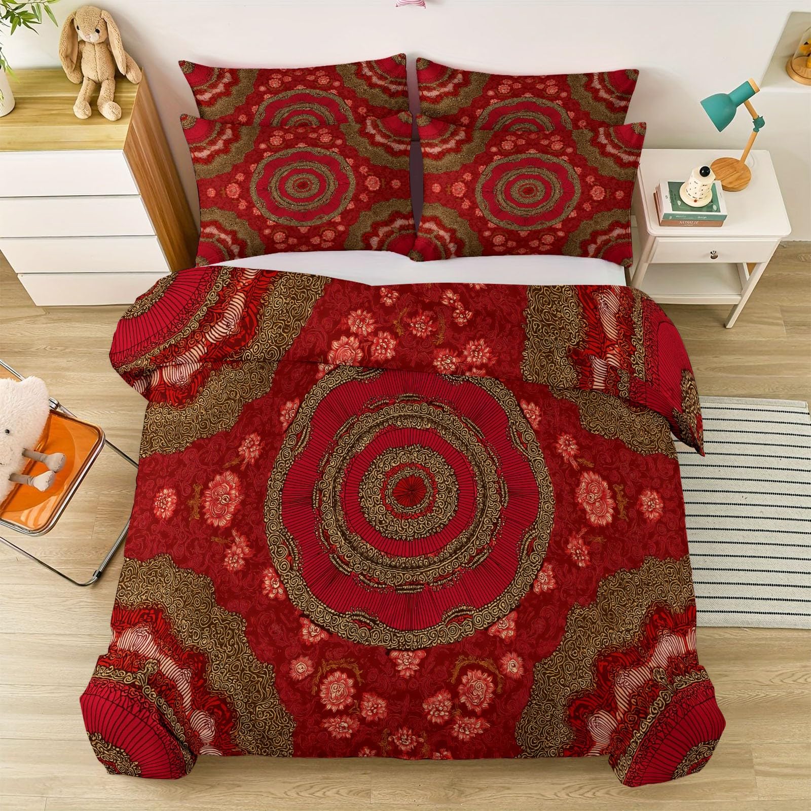 Biancheria da letto per bambini in stile bohémien, motivo mandala, in microfibra morbida e traspirante, 155 x 220 cm, con chiusura lampo e 2 federe da 80 x 80 cm, colore: rosso