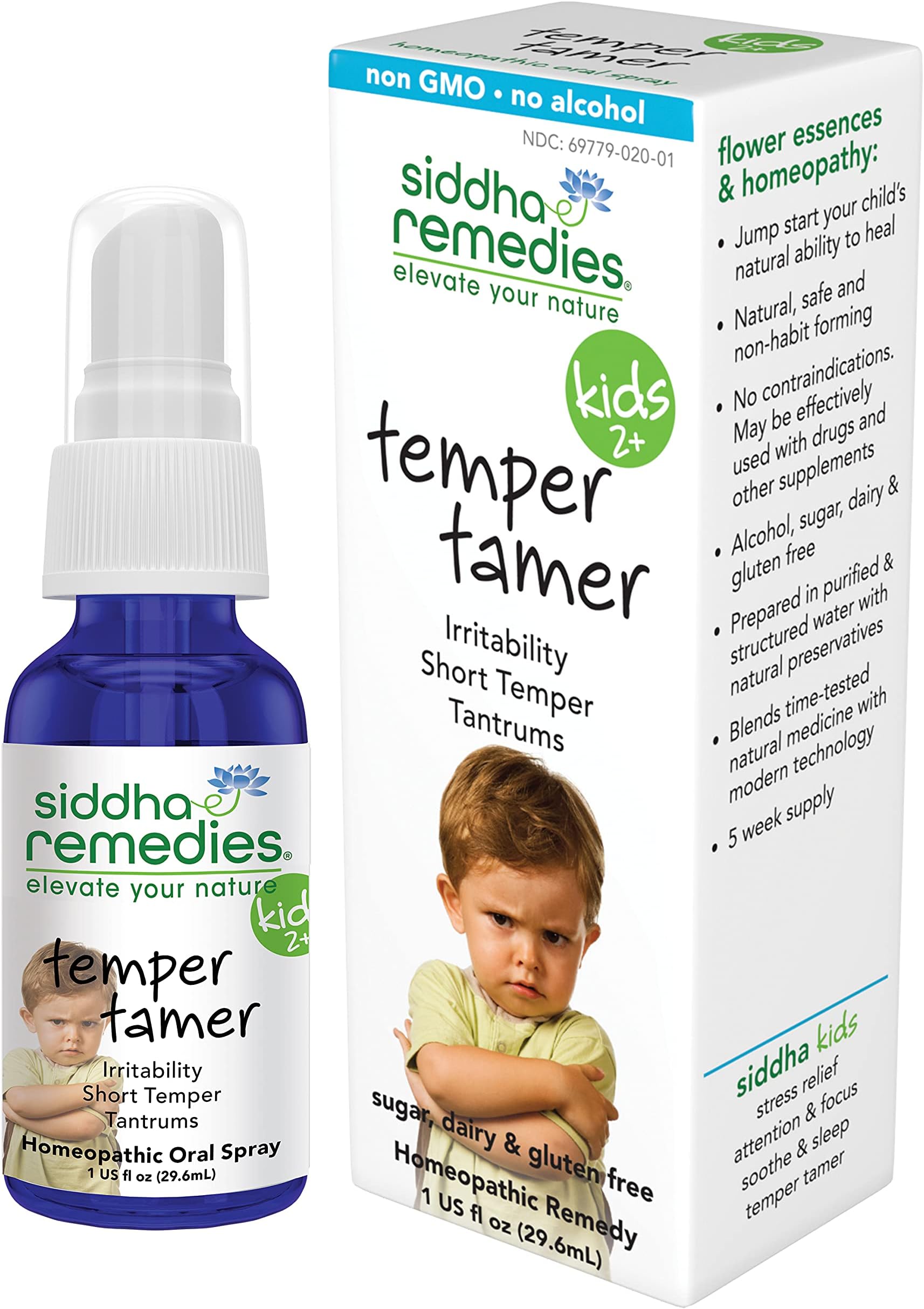Siddha Remedies Temper Tamer Spray for Children with Tantrums, Short Temper | 100% Natural Homeopathic Remedy Ingredients, Cell Salts and Flower Essences| No Alcohol | No Sugar