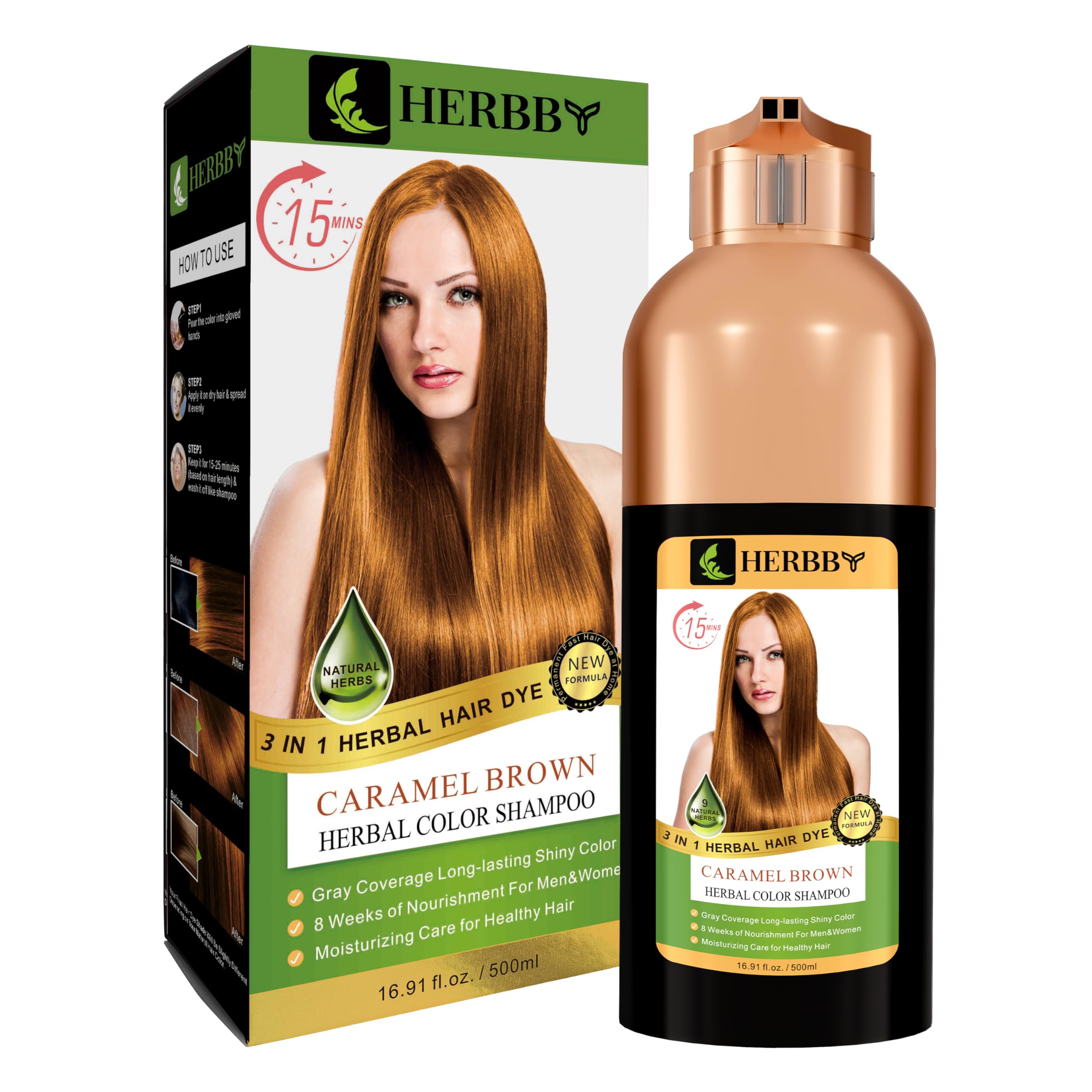 HERBBYHair Color Shampoo for Gray Hair Coverage&Color Transform with 9 Herbal Extracts –Long Lasting(6-8 Weeks),Shiny,Evenly Colored,Instant Hair Dye Shampoo&Conditioner,500 Ml (GINGER CARAMEL COLOR)
