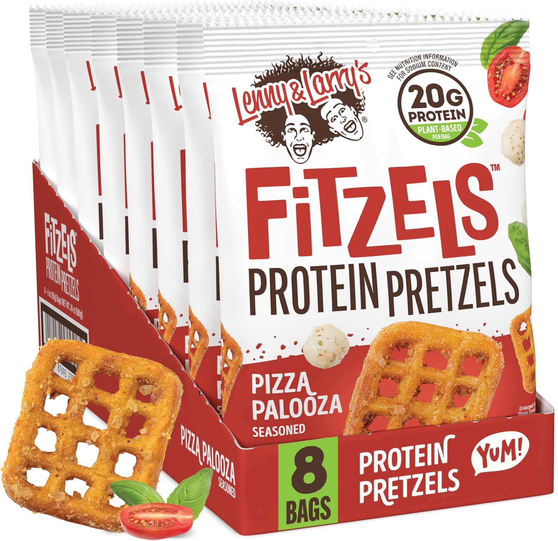 Lenny & Larry's FITZELS Protein Pretzels (Pizza Palooza) 8 Individual Bags 3 oz Each – High Protein Snacks with 20g of Plant Based Protein – Healthy Vegan Pretzels – Delicious Salty Taste