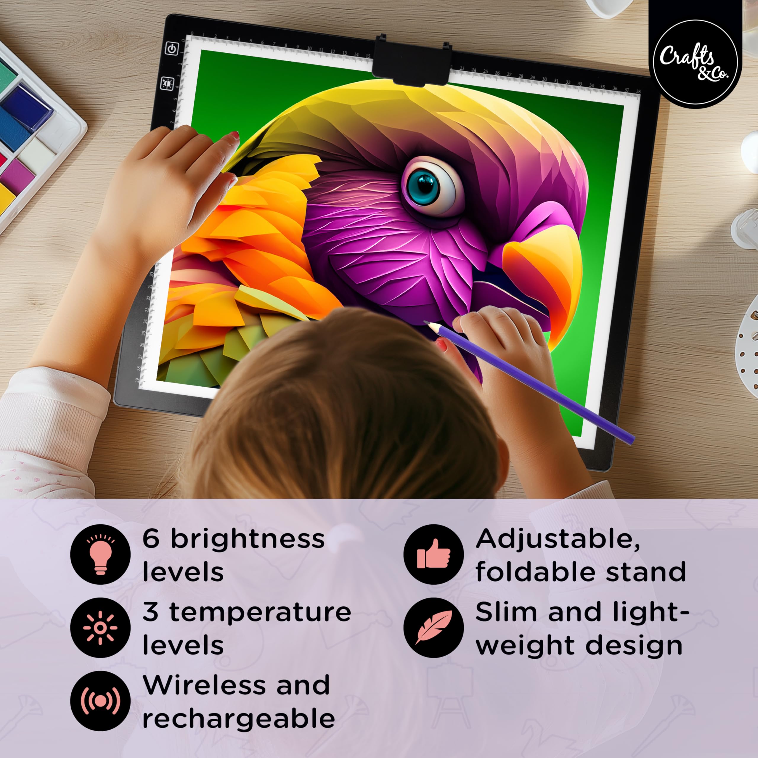 Crafts&Co® Lightpad A3 wiederaufladbar für Diamantmalerei, Zeichnung, Tätowierung | Dimmbares Lichtpad für Kinder und Erwachsene | Lichtpad LED mit USB | 470x345mm