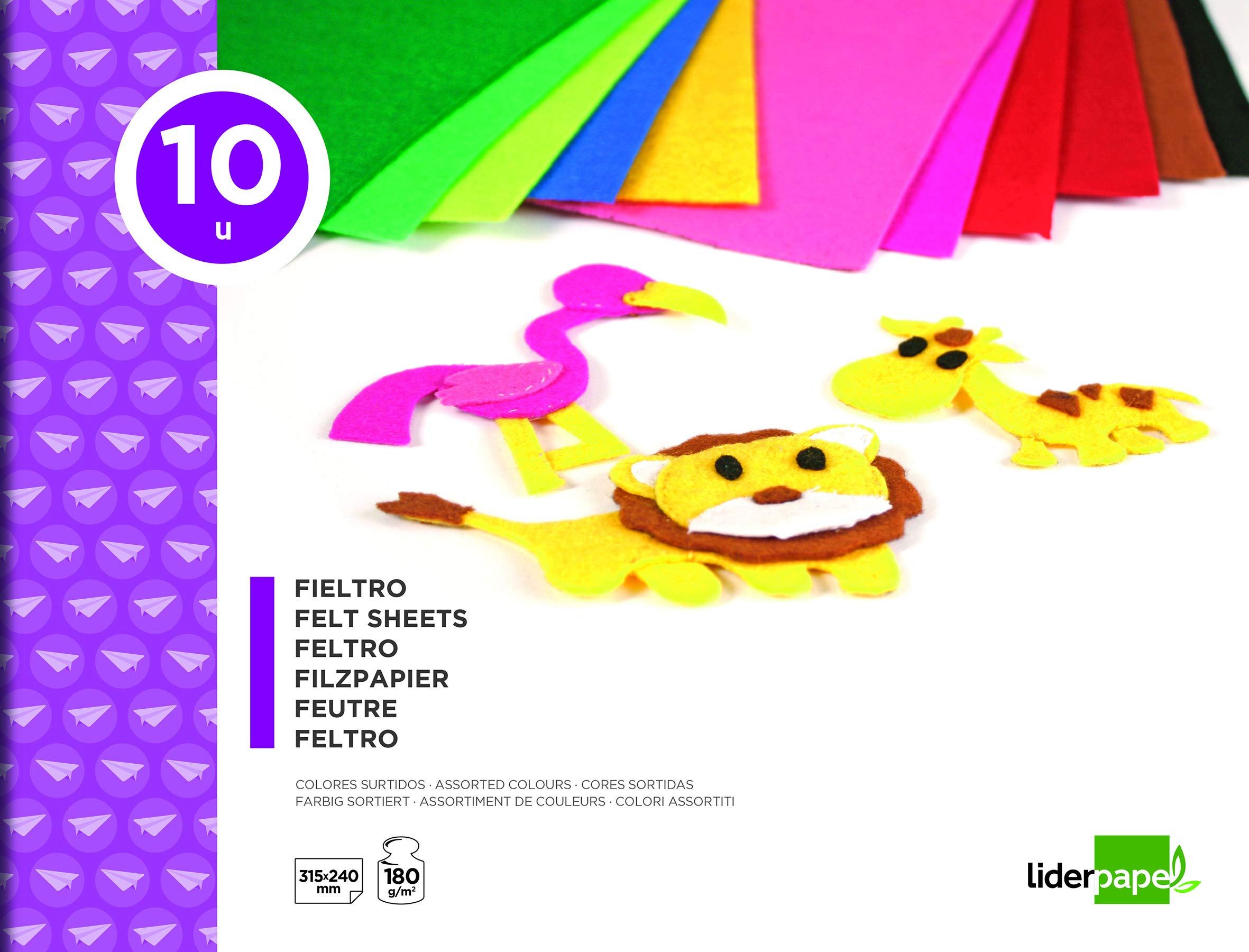 Liderpapel 50335 Felt A4+ 240 x 31 mm 5 mm 180 g/m² Thickness 1.5 mm Assorted Colours 10 Sheets