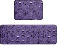 Vista 7 de Libaoge Tapete de cocina de Halloween, 1 unidad, diseño de mansión encantada de Halloween, fondo morado, antifatiga, cómodo, tapete de pie de espuma