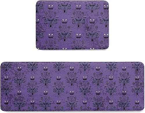 Miniatura 7 de Libaoge Tapete de cocina de Halloween, 1 unidad, diseño de mansión encantada de Halloween, fondo morado, antifatiga, cómodo, tapete de pie de espuma