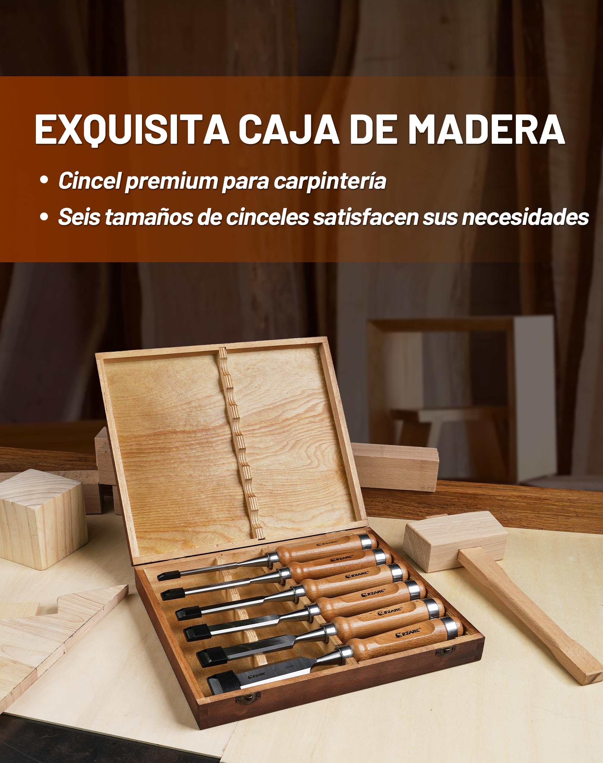 EZARC Juego de 6 Cinceles para Madera, Acero Cromo-Vanadio y Mango de Madera con Estuche de Madera