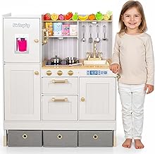 Kinderplay GS0060 Children's Large Wooden Kitchen with Two Heights with LED Lighting, Accessories, Light and Sound Effects, Wooden Children's Kitchen