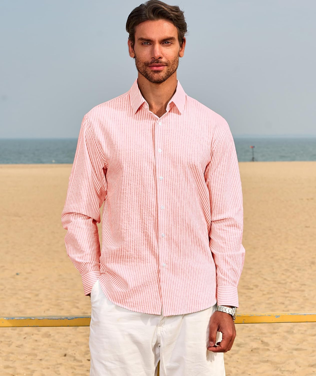 Deer Lady Mens Long Sleeve Button Down Shirt Striped Casual Cotton Business Summer Beach Wedding Dress Shirts - Image 6