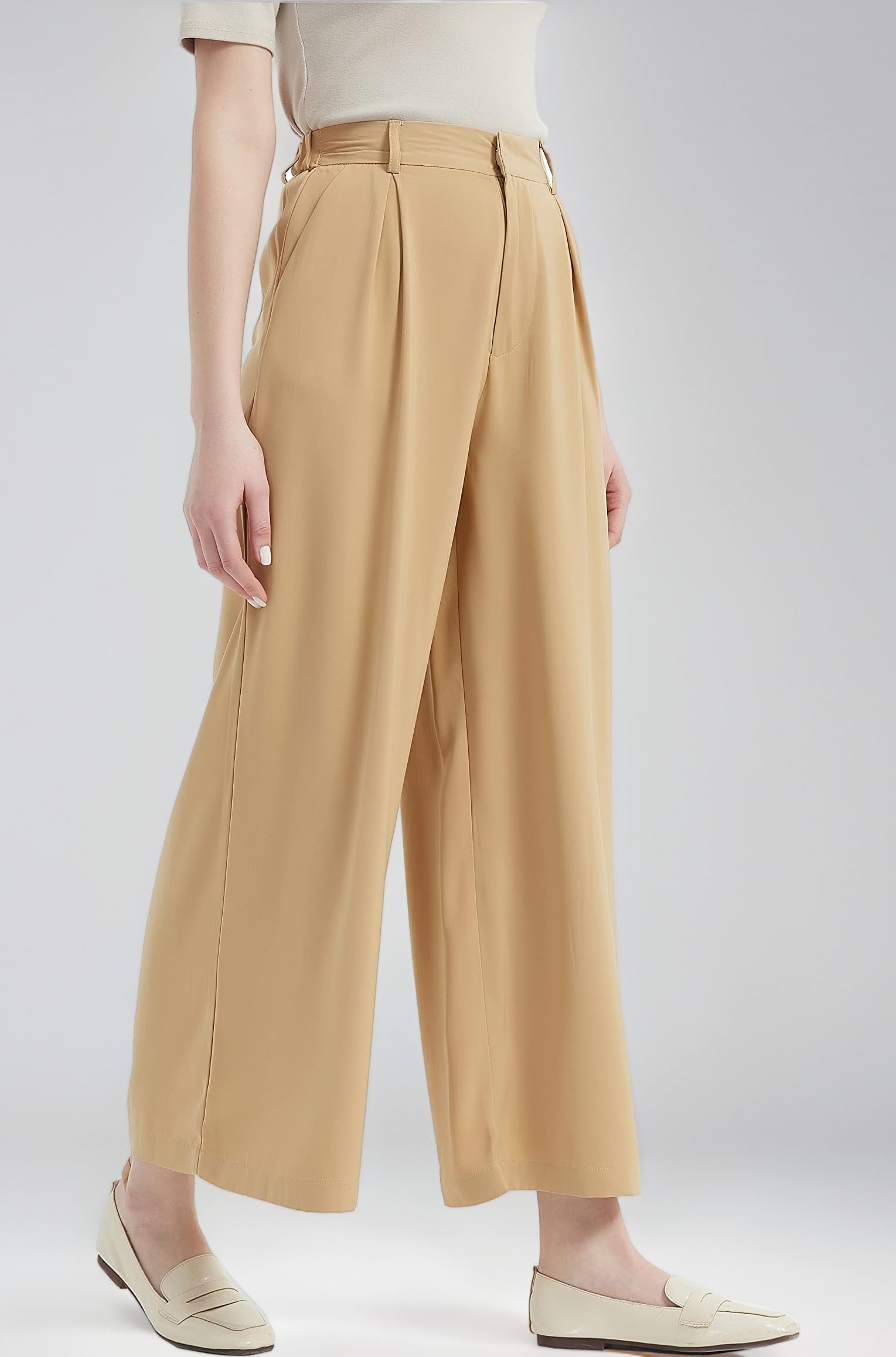 Tronjori Women High Waist Casual Wide Leg Long Palazzo Pants Trousers(XL, Sand)