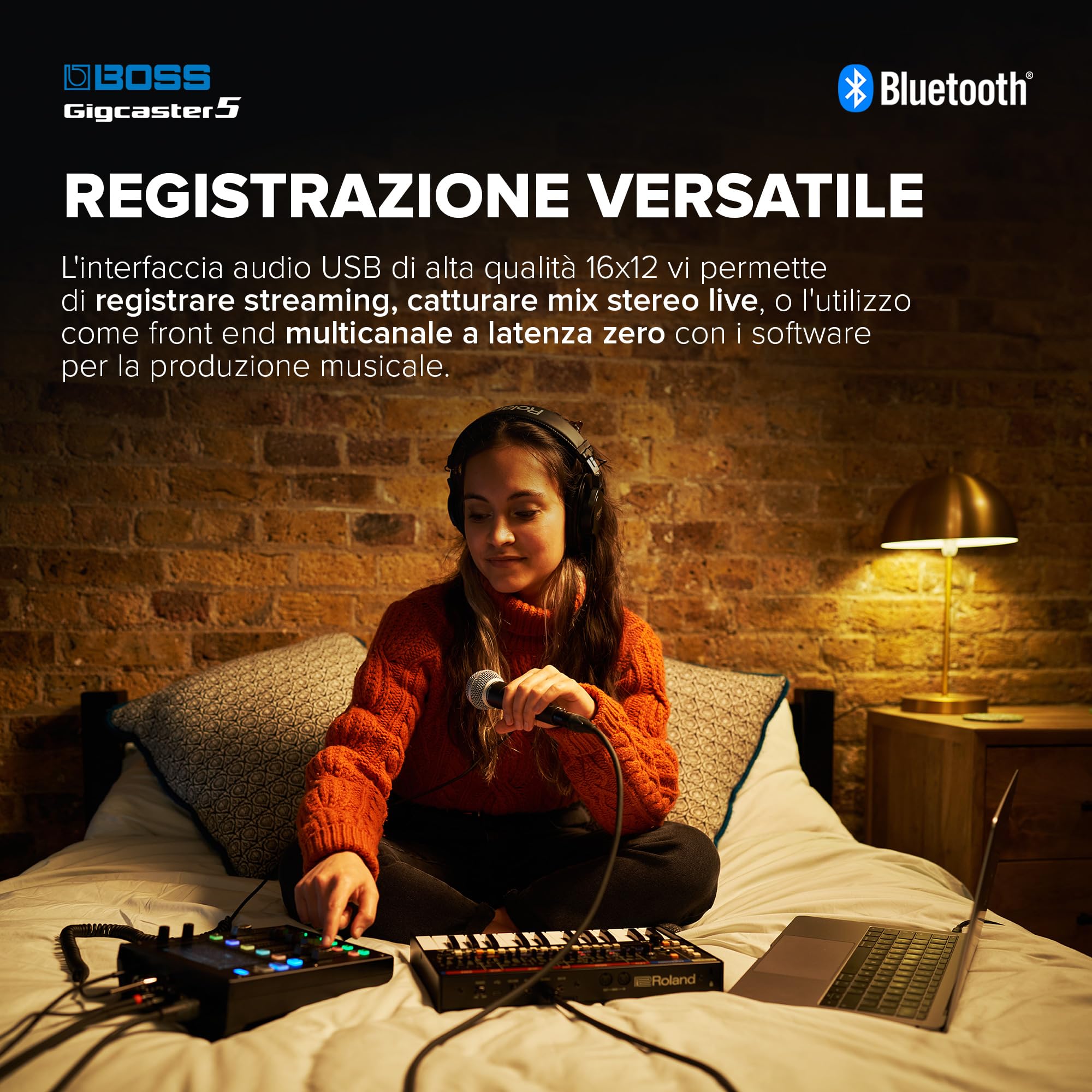 BOSS Gigcaster 5 Audio Streaming Mixer Compatto a 5 Canali con Ingresso Diretto per Chitarra/Basso | 2 Ingressi Microfonici XLR | Ingresso Stereo di Linea | 8 Pad per gli Effetti Sonori su Touchscreen