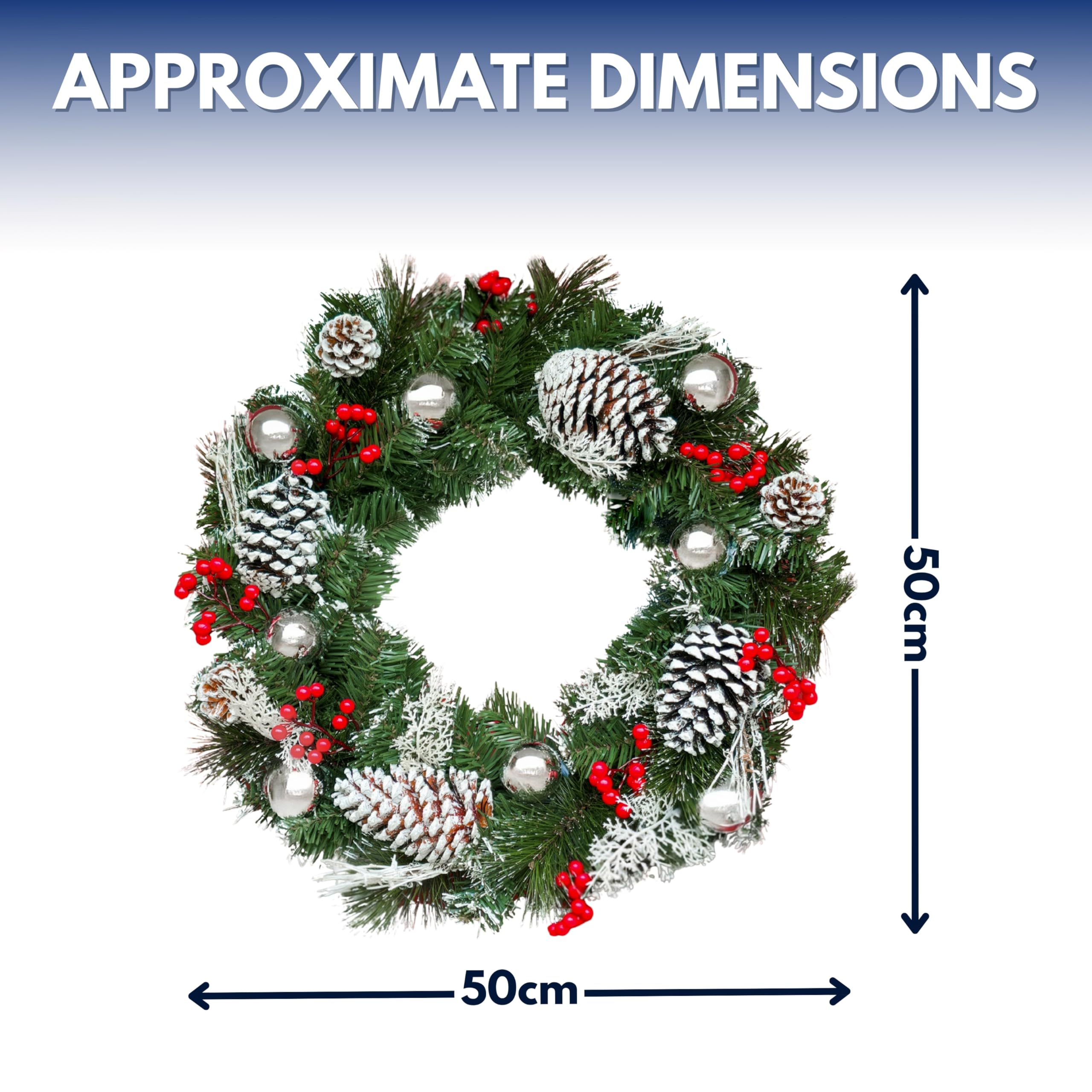 Marco Paul - Corona de Navidad para puerta de 50 cm con piñas, bayas y bolas, decoración de puerta de Navidad con polvo de nieve, adornos de Navidad colgantes de lujo para oficina o hogar, accesorios