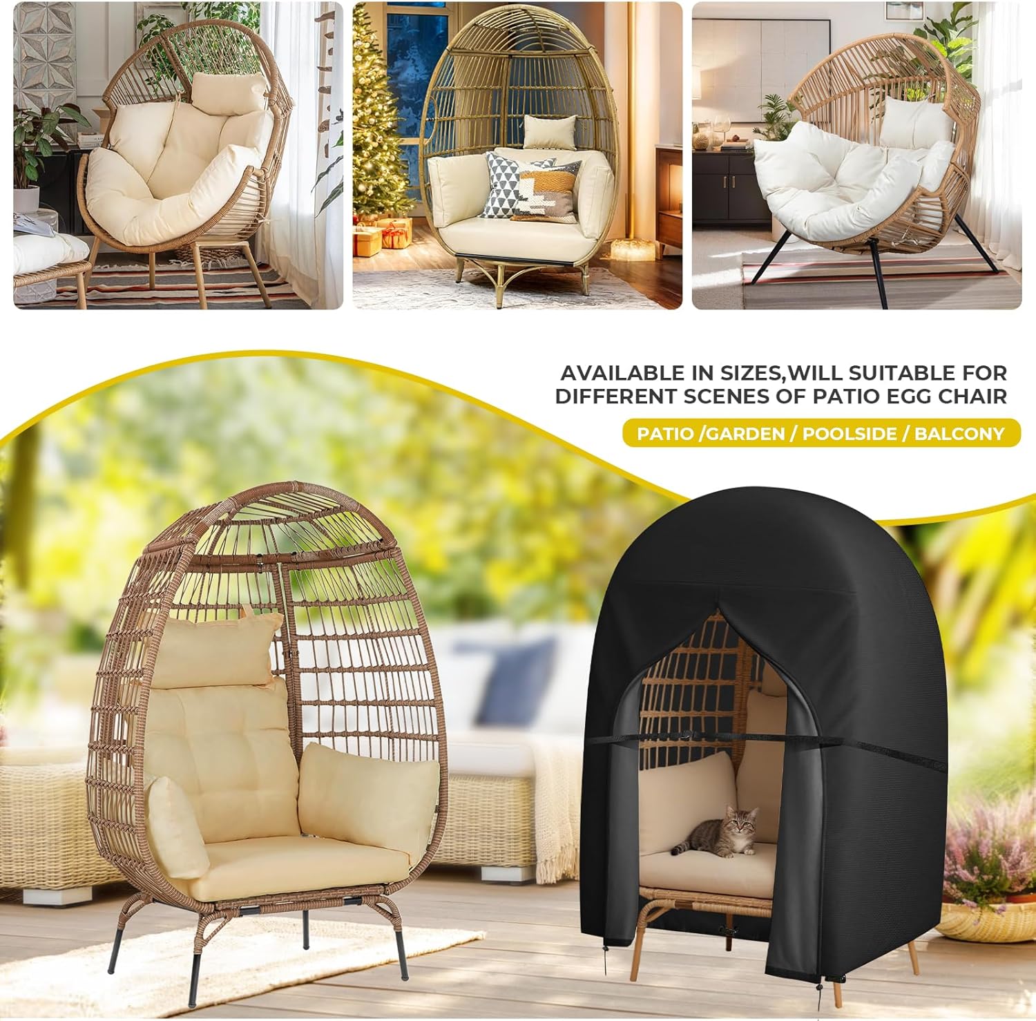 Egg Chair Cover Double 420D Oxford Patio Hanging Egg Chair Covers Waterproof Cover for Outdoor Porch Wicker Eggs Chairs 91x80 Inches (Black)