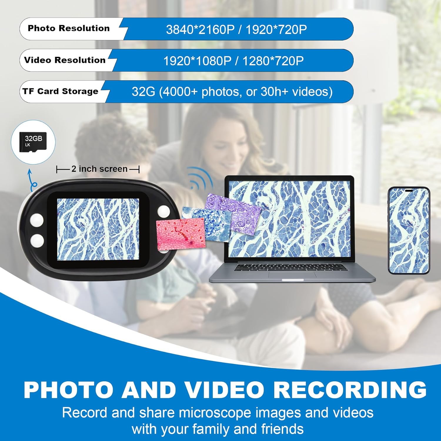 1000X Handheld Digital Microscope for Kids 2'' HD Screen 4K Rechargeable Mini Pocket Microscope with Slide Kit, Microscope Stand, 32G SD Card for Education Gift Age 4-6 8-12 Children - Image 3