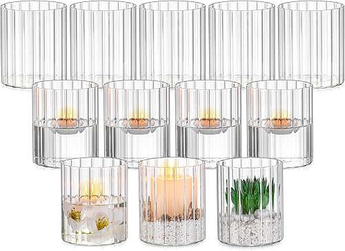 Miniatura 8 de Glasseam Candelabros de cristal de huracán: 6 portavelas transparentes para velas de pilar acanaladas modernas, jarrones cilíndricos decorativos