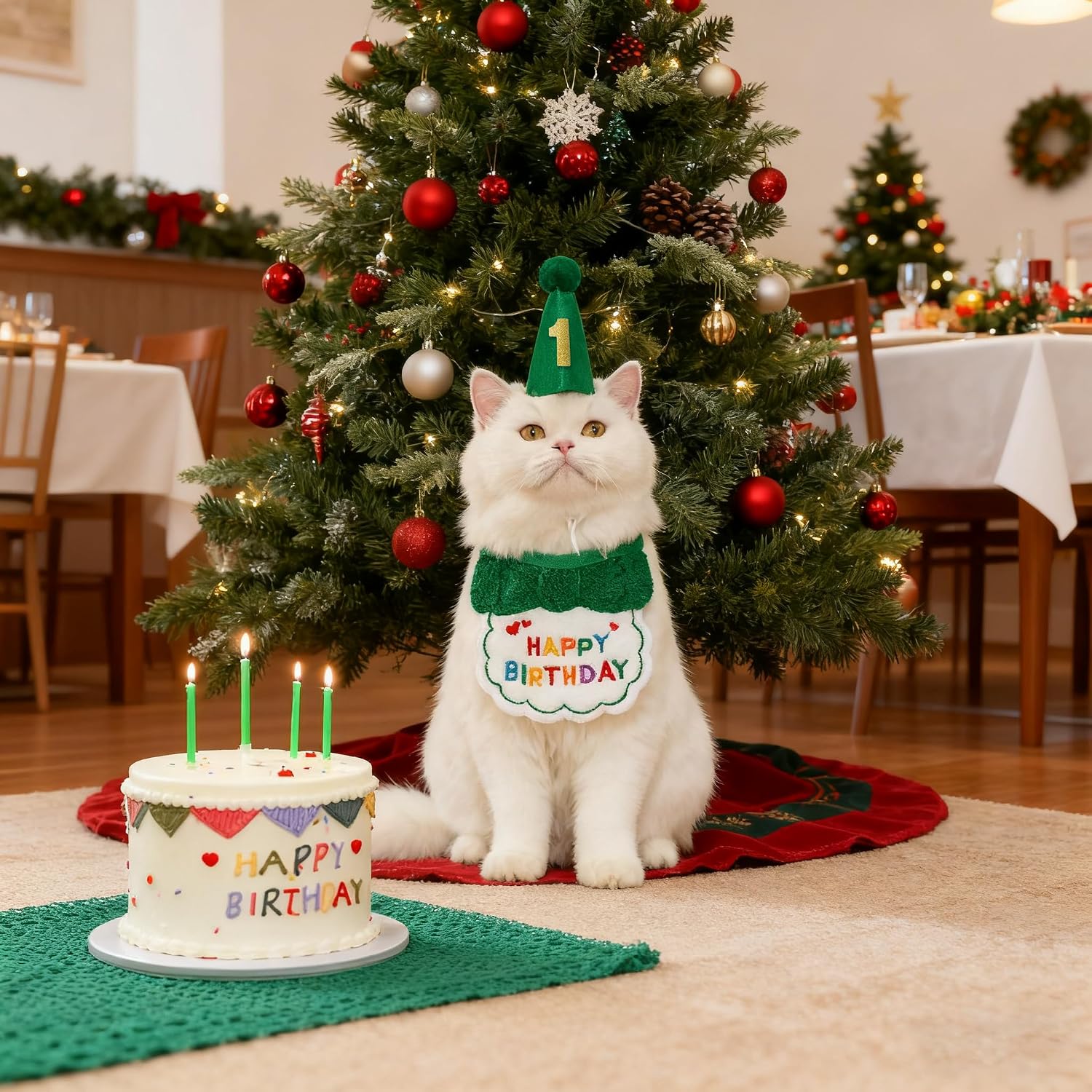 Reusable Cat Birthday Decorations Set - Adjustable Cat Birthday Hat & Bandana with Age Numbers | Kitty Celebration Kit for Memorable Milestones（Green） image 4